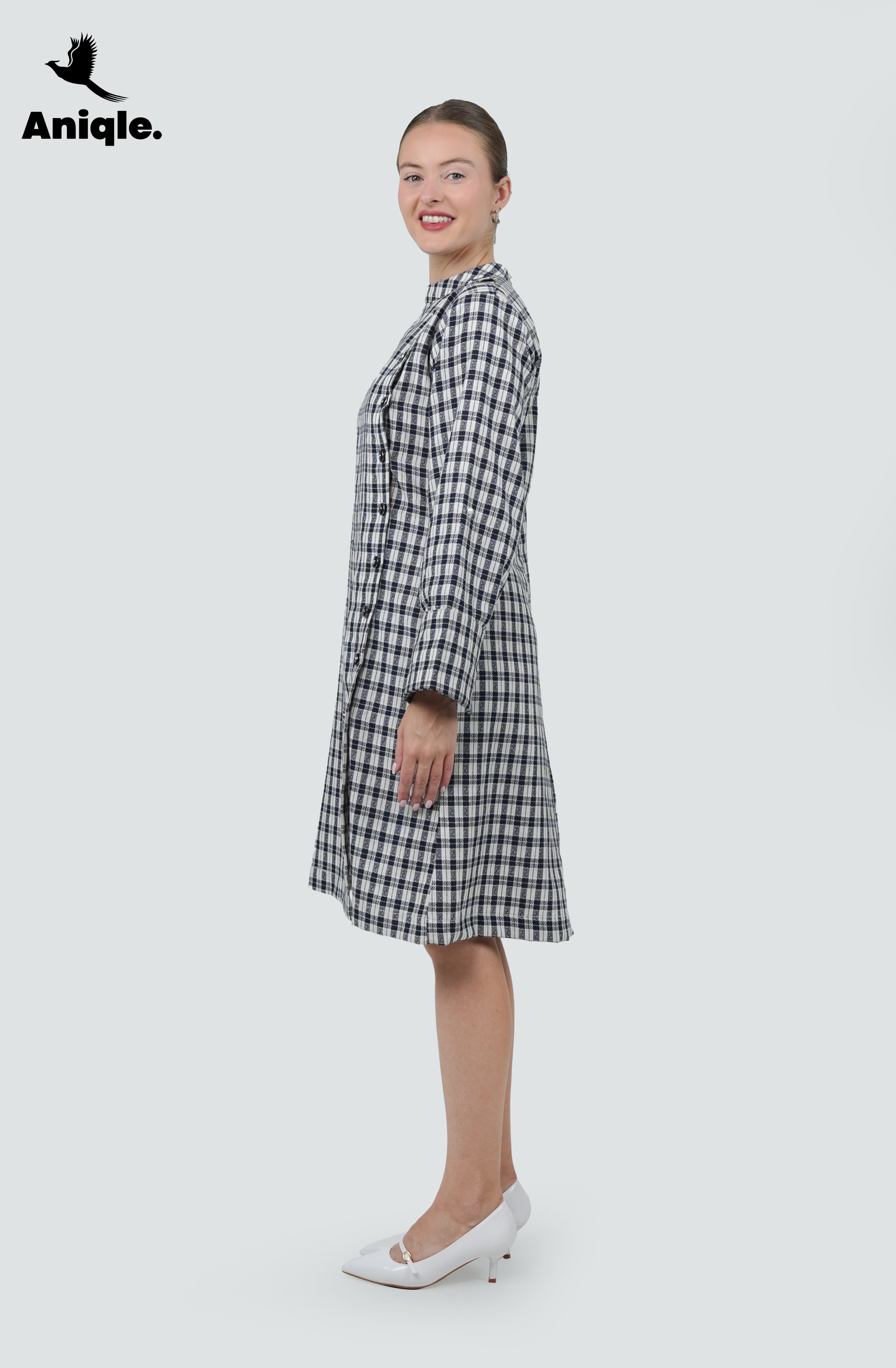 ANQ-10035-Mono Grid Asymmetrical Button Dress