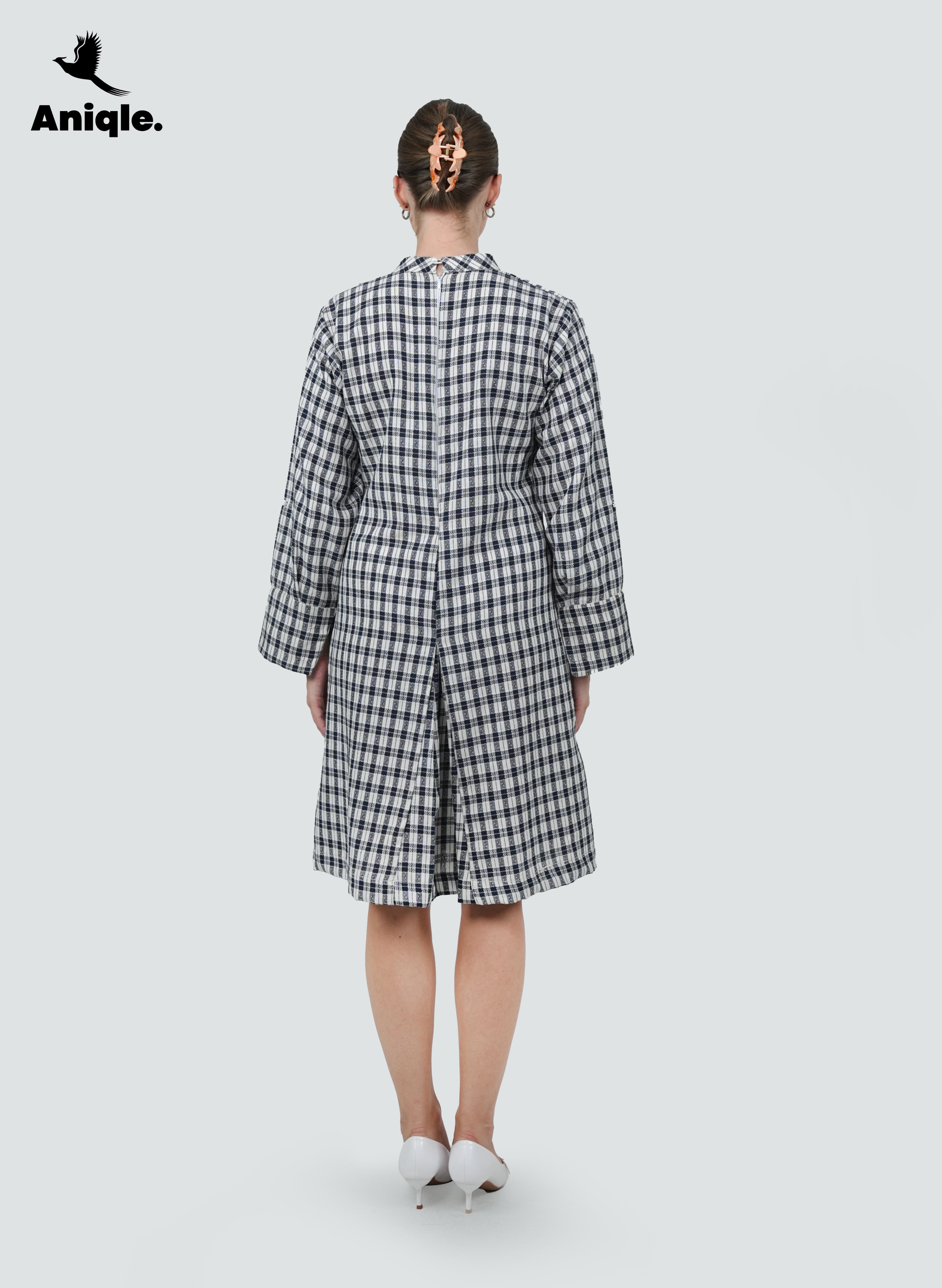 ANQ-10035-Mono Grid Asymmetrical Button Dress