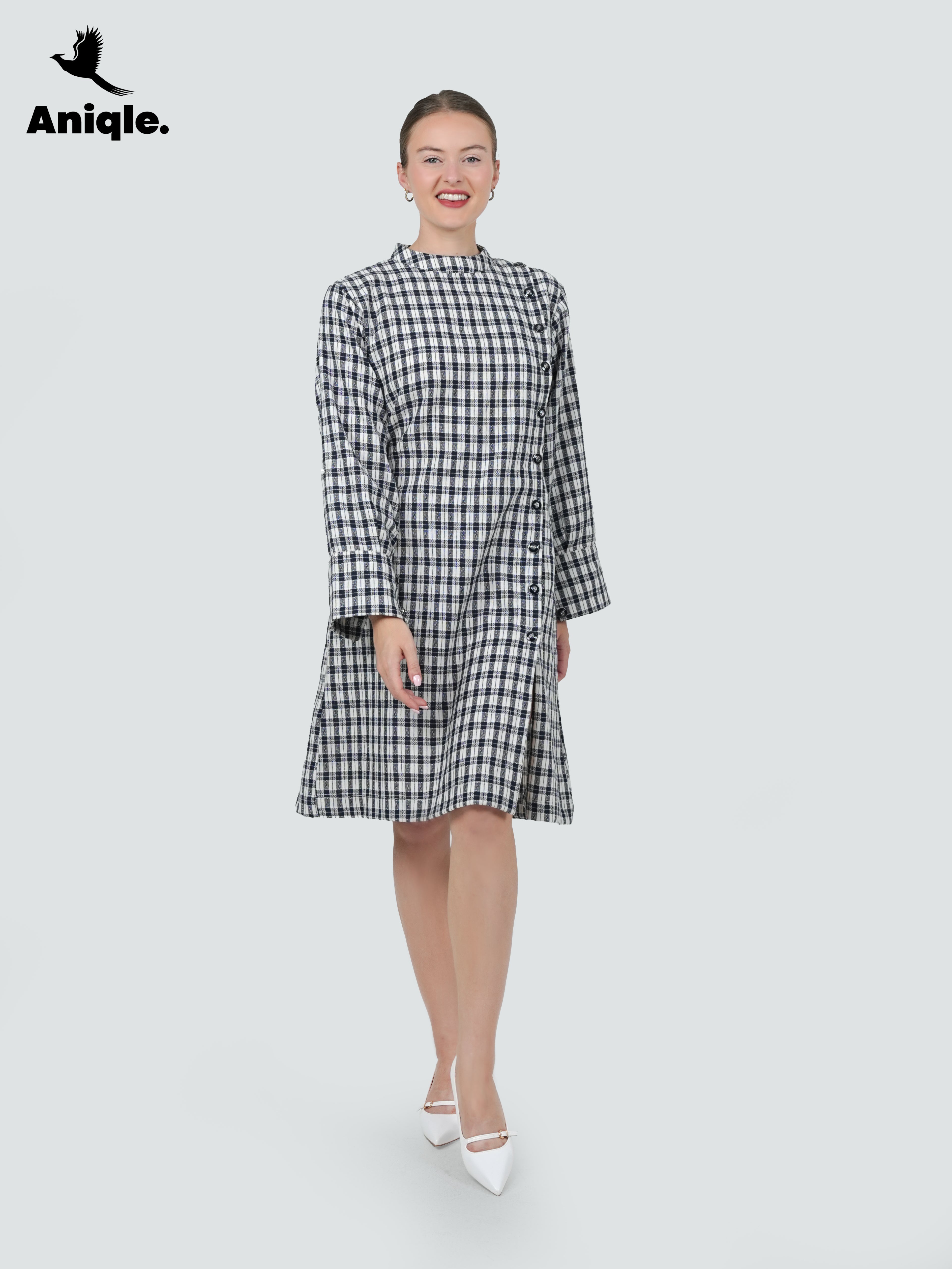 ANQ-10035-Mono Grid Asymmetrical Button Dress