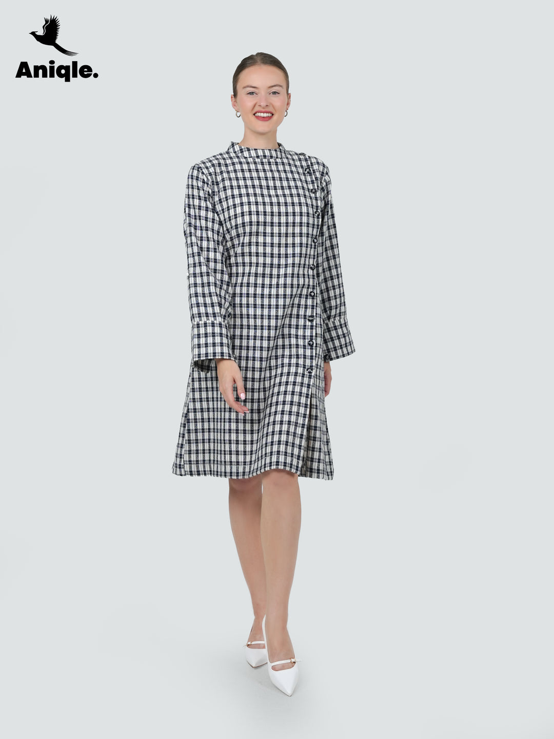 Mono Grid Asymmetrical Button Dress