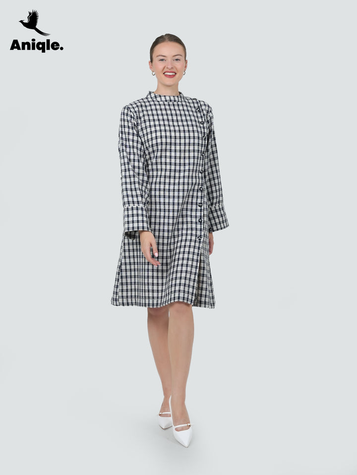 Mono Grid Asymmetrical Button Dress