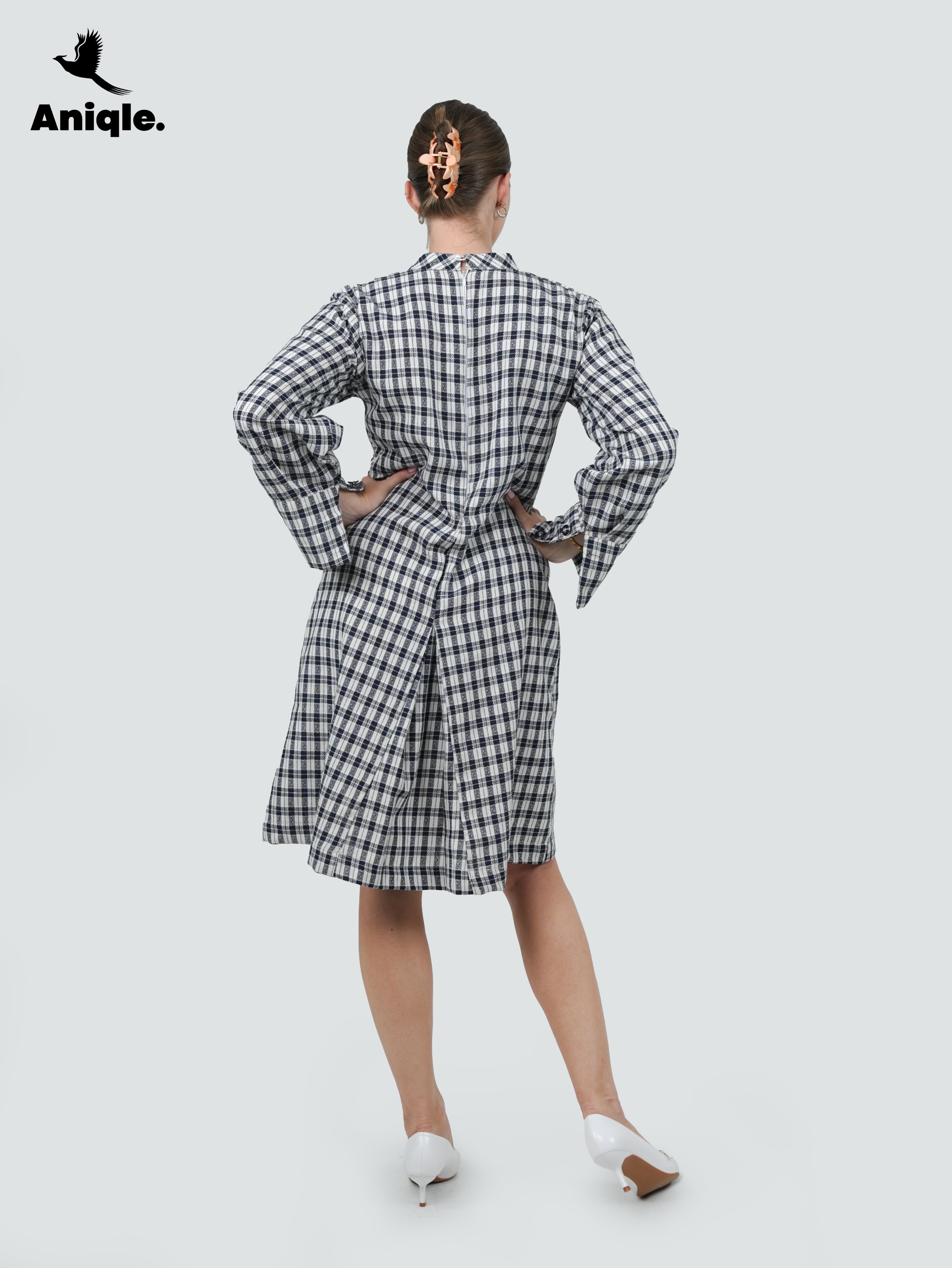 ANQ-10035-Mono Grid Asymmetrical Button Dress