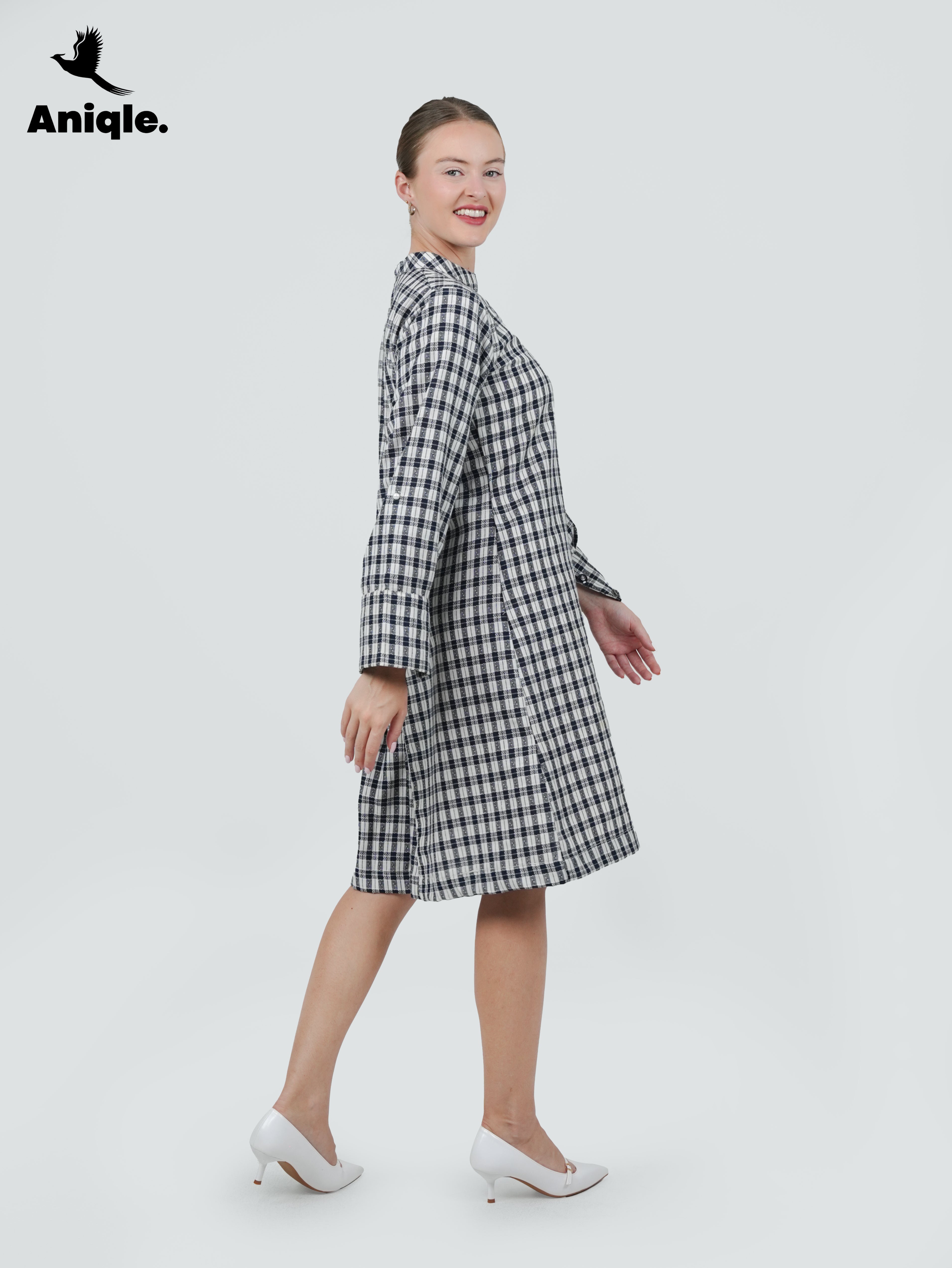 ANQ-10035-Mono Grid Asymmetrical Button Dress