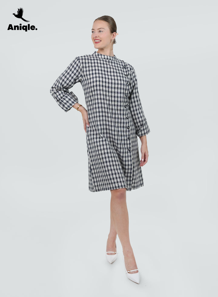 Mono Grid Asymmetrical Button Dress