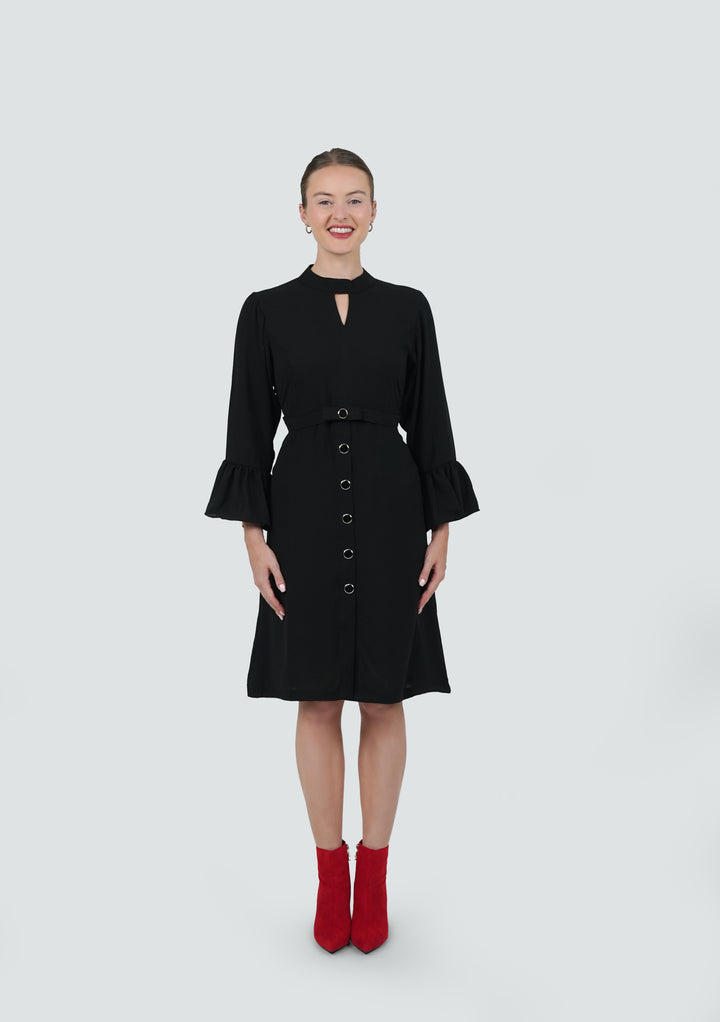 Black-Noir Flair Buttoned Belt Dress