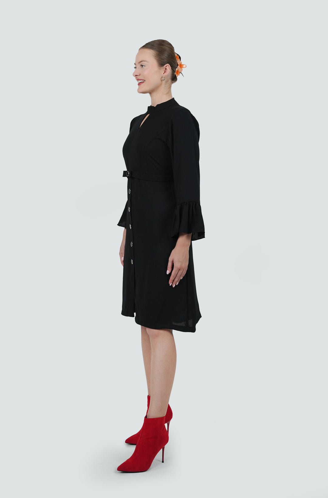 Black-Noir Flair Buttoned Belt Dress