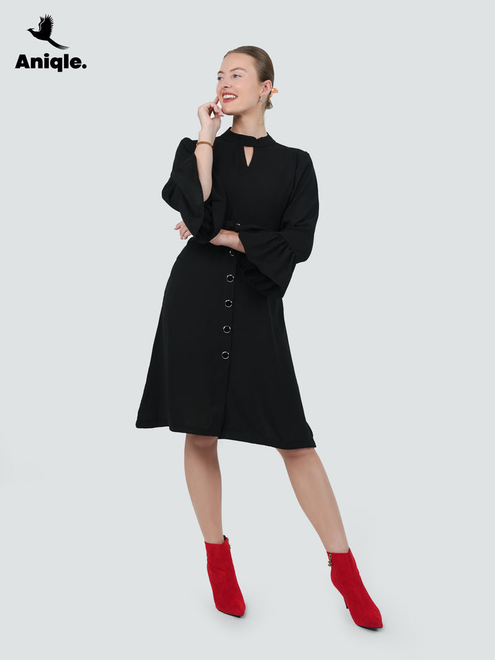 Black-Noir Flair Buttoned Belt Dress