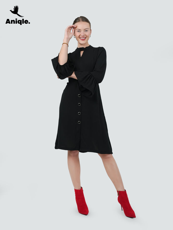 Black-Noir Flair Buttoned Belt Dress