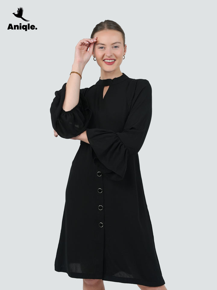 Black-Noir Flair Buttoned Belt Dress