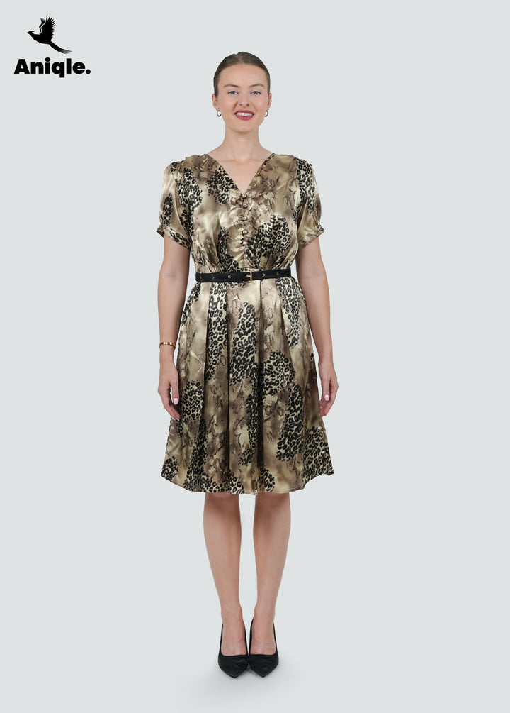 Golden Savannah Pleated Satin Dress