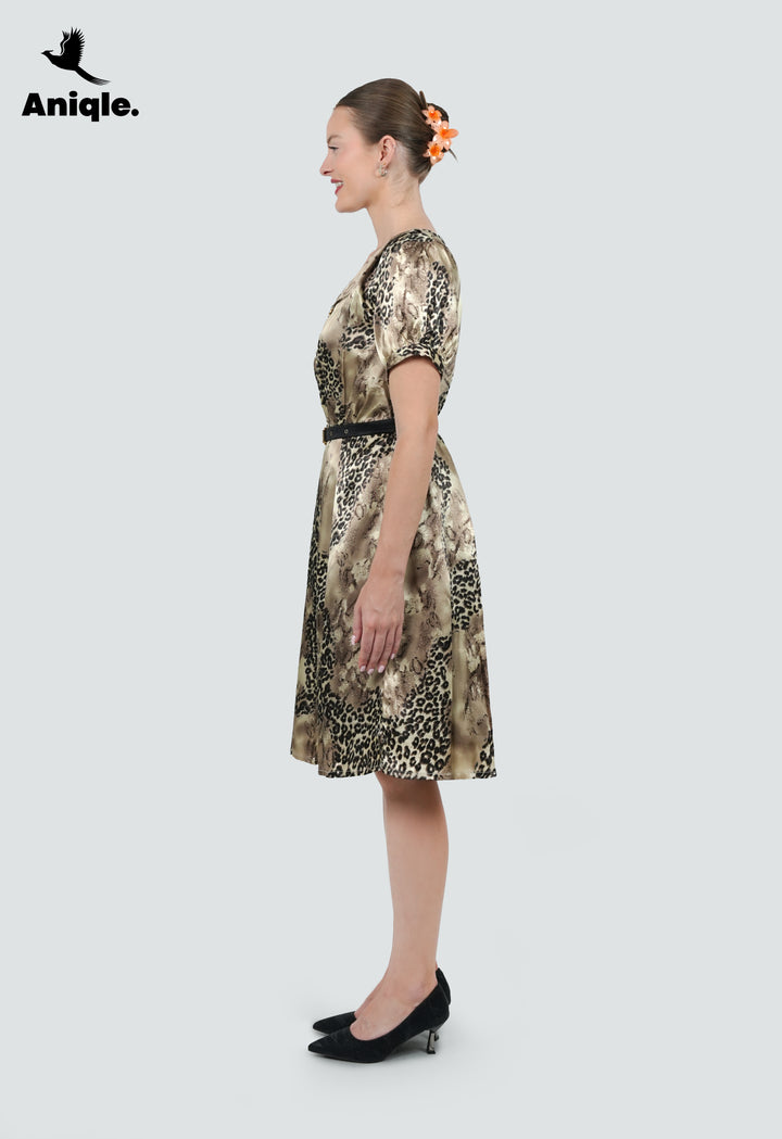 Golden Savannah Pleated Satin Dress