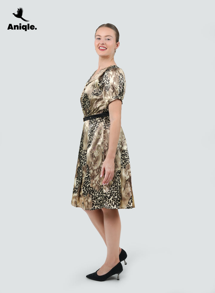 Golden Savannah Pleated Satin Dress