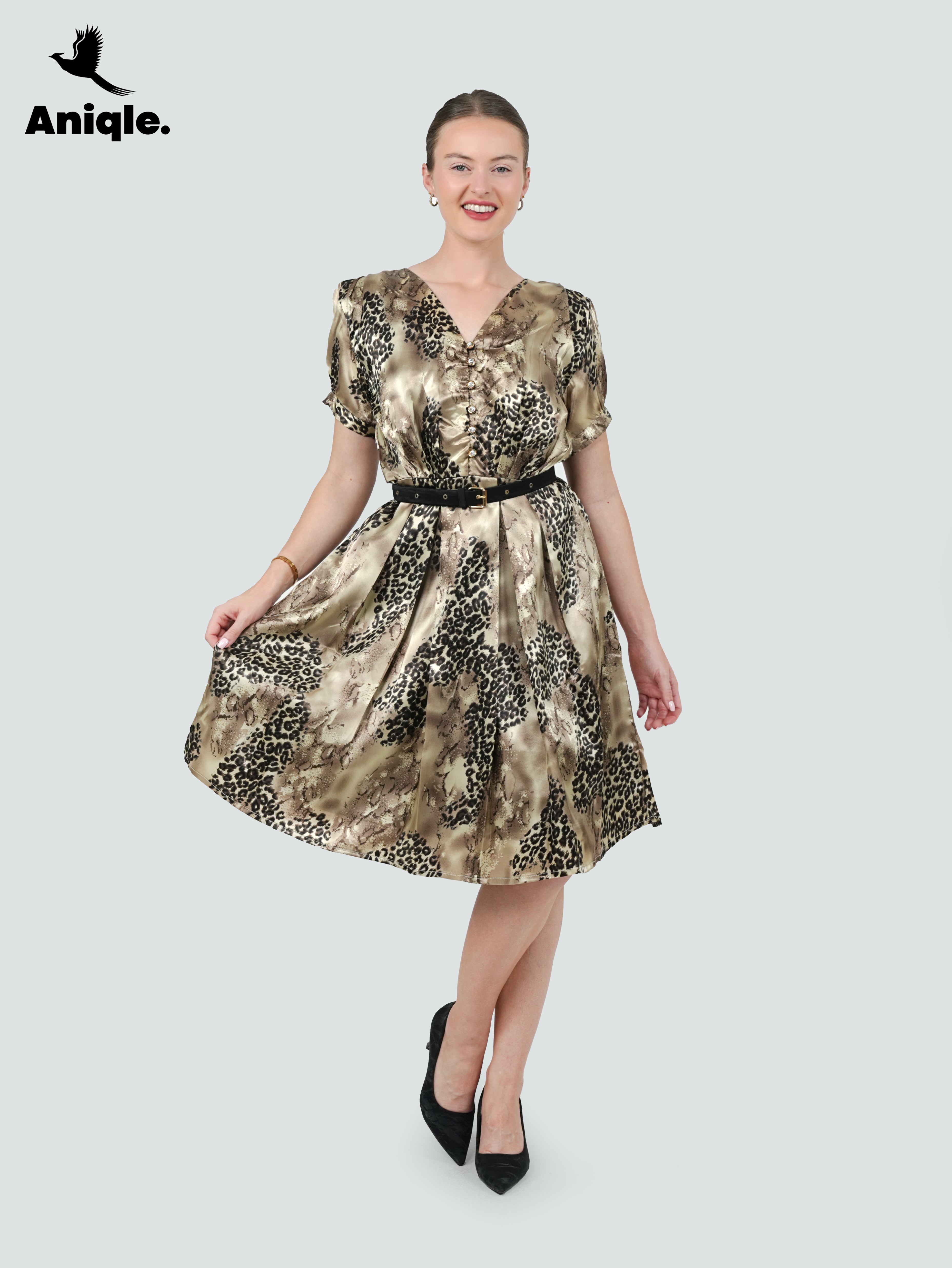 ANQ-10037-Golden Savannah Pleated Satin Dress