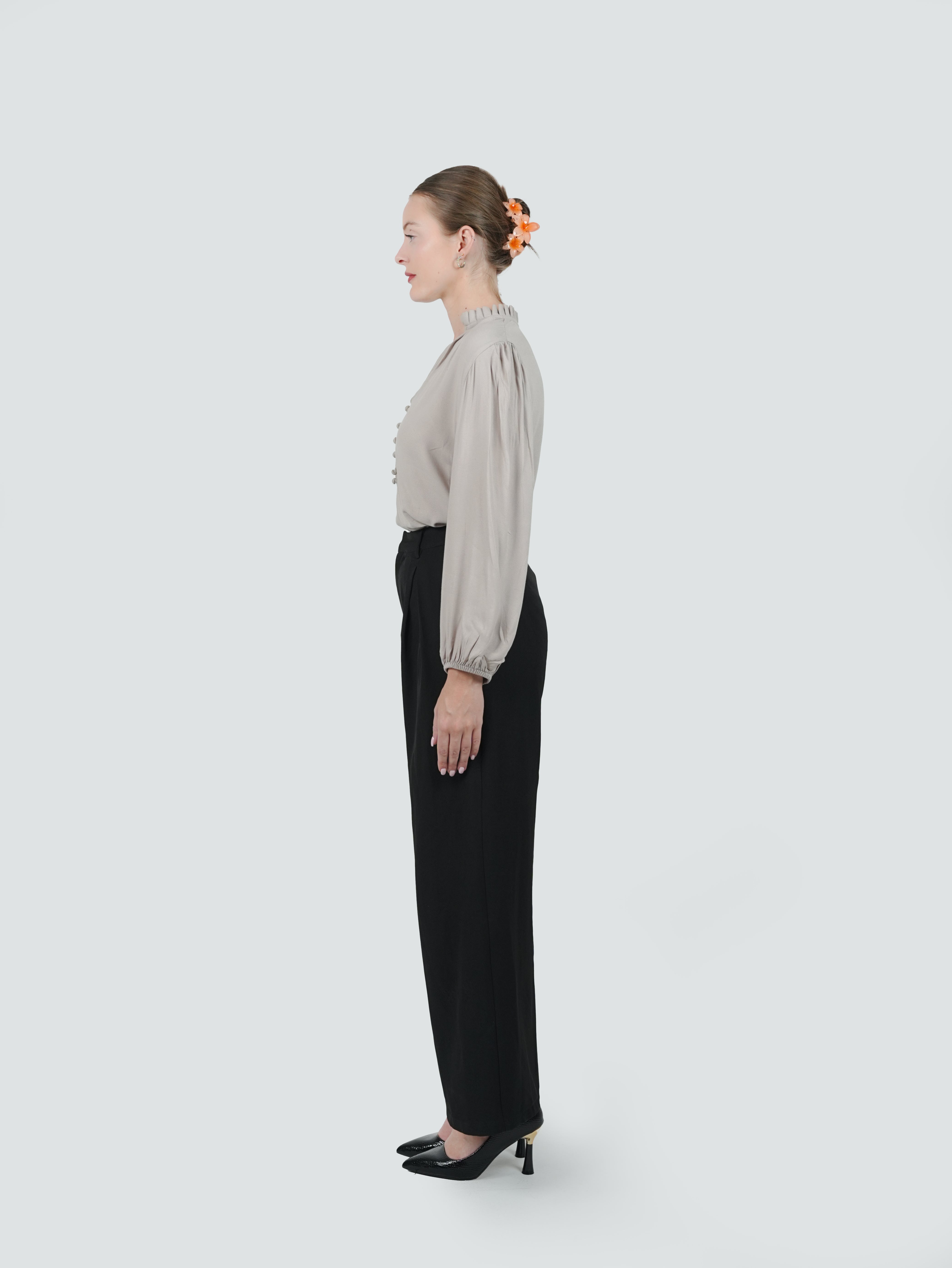 ANQ-10047-Taupe Ruffle-Collar Crepe Shirt