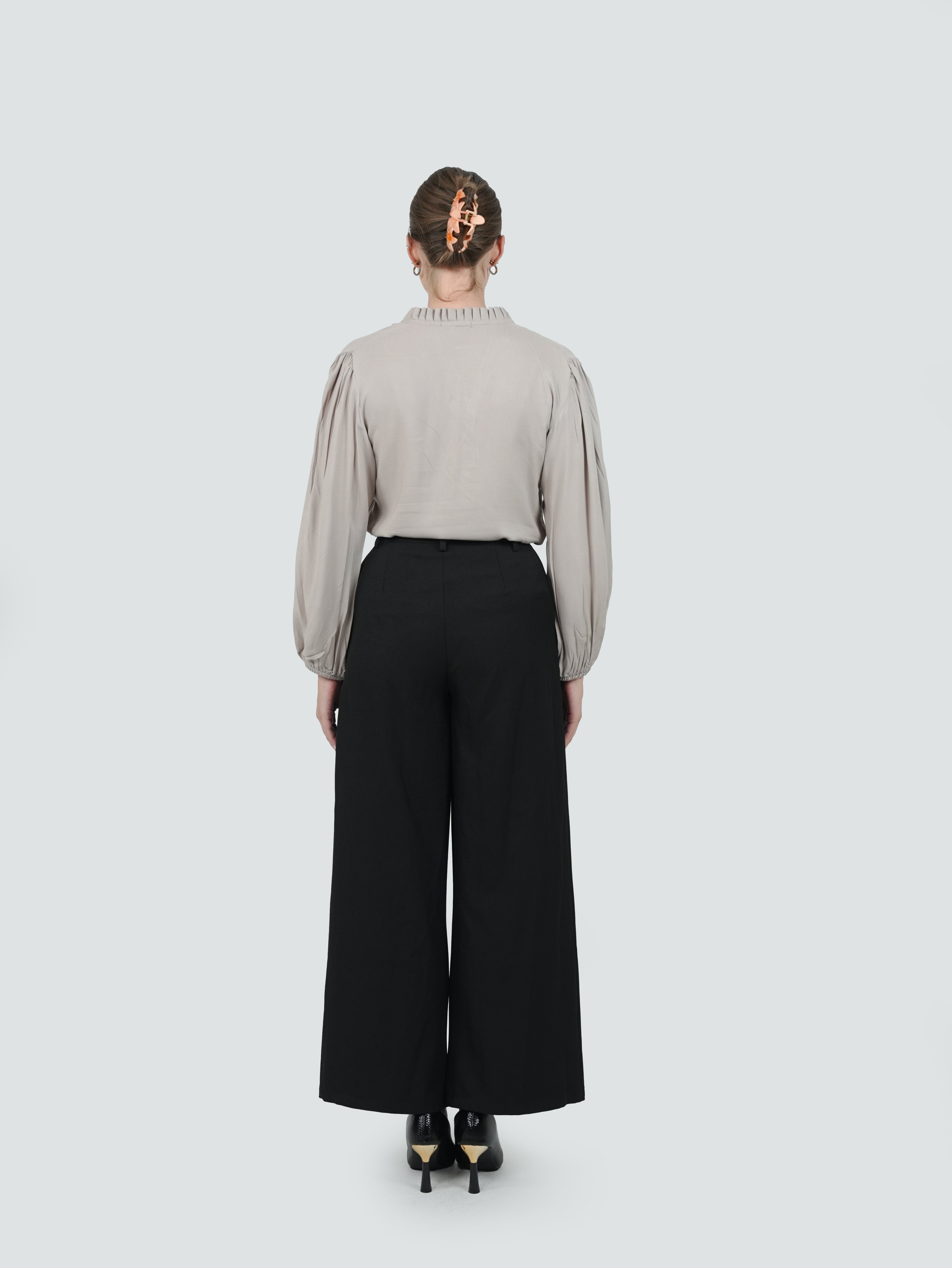 ANQ-10047-Taupe Ruffle-Collar Crepe Shirt