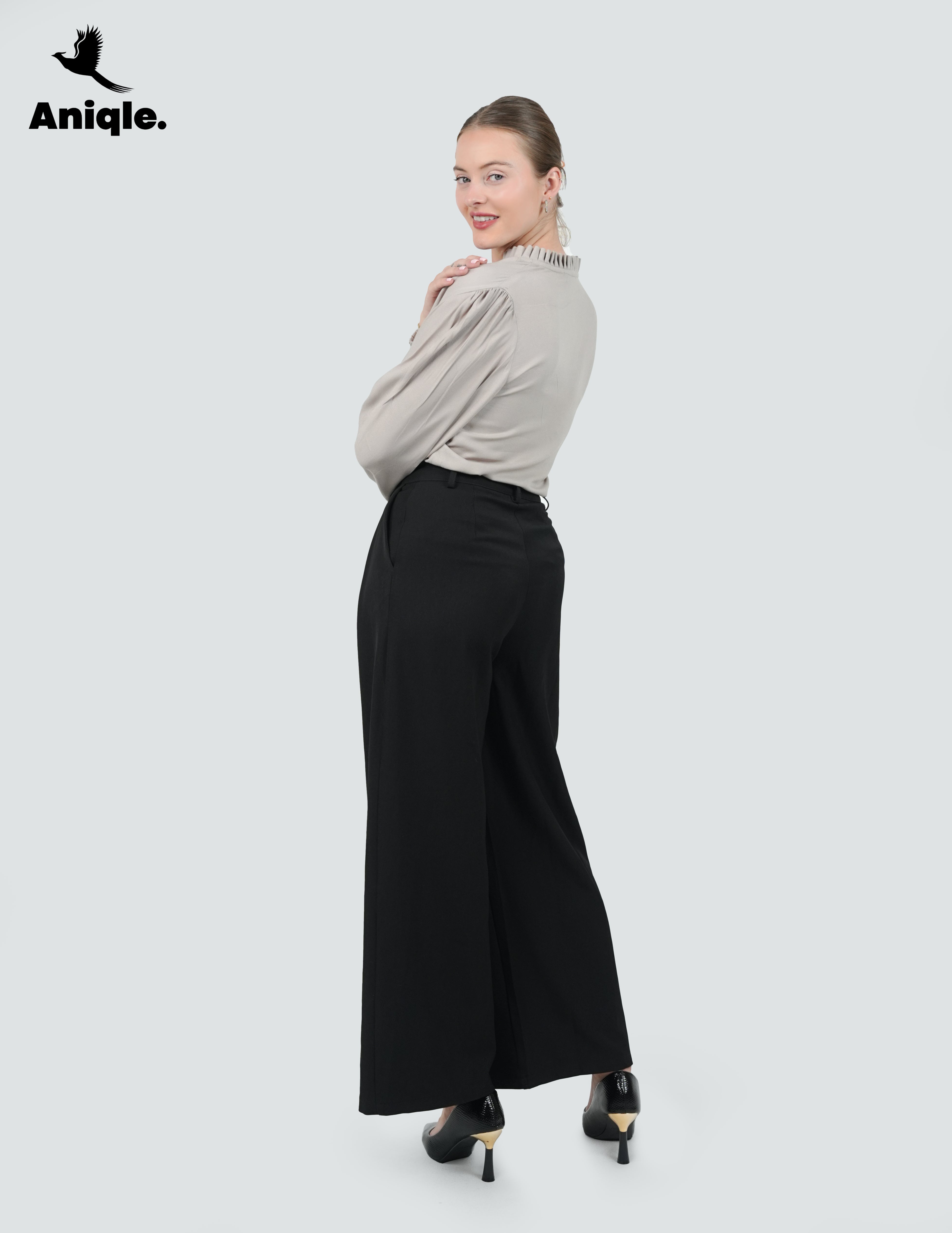 ANQ-10047-Taupe Ruffle-Collar Crepe Shirt