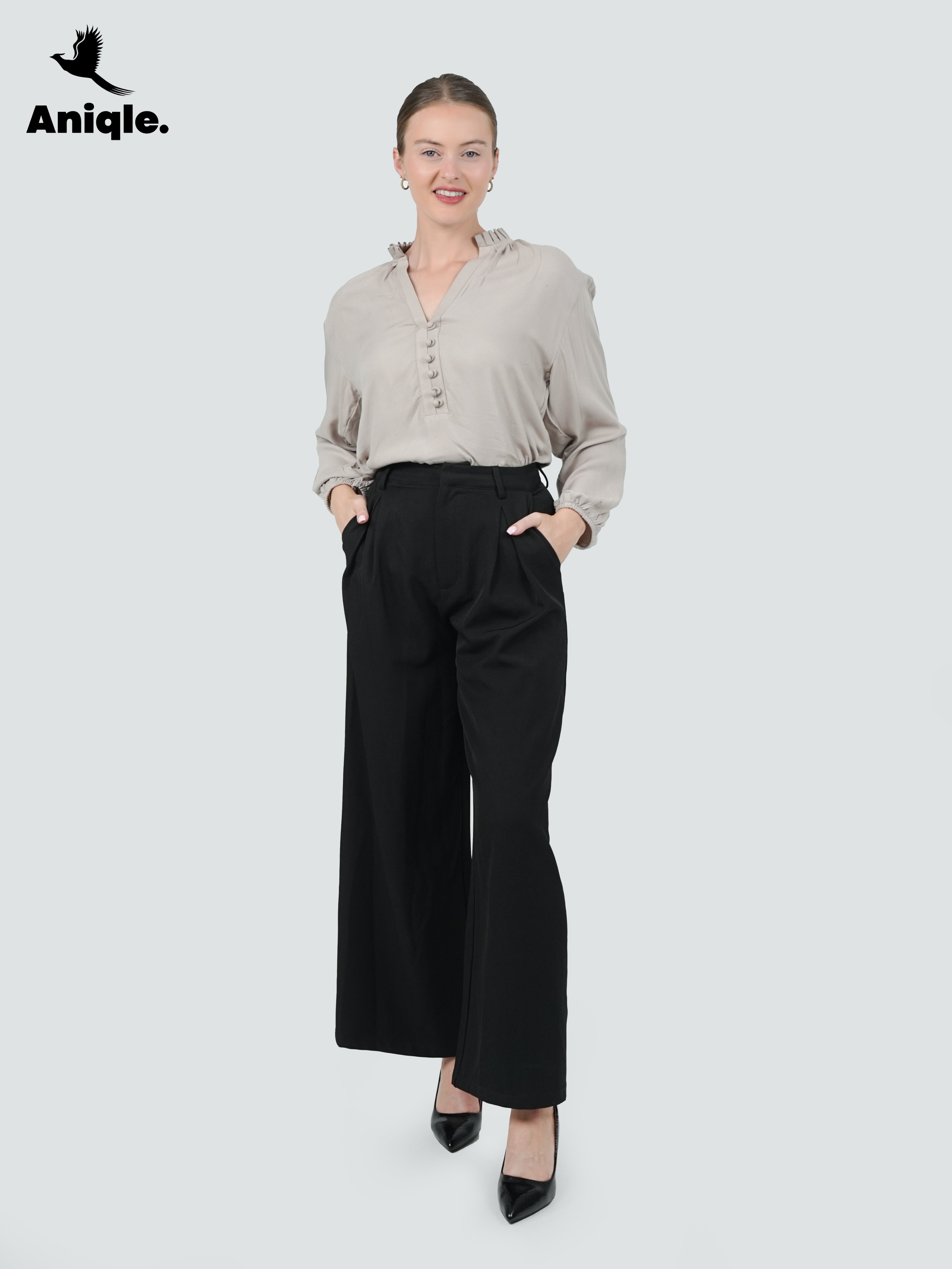 ANQ-10047-Taupe Ruffle-Collar Crepe Shirt