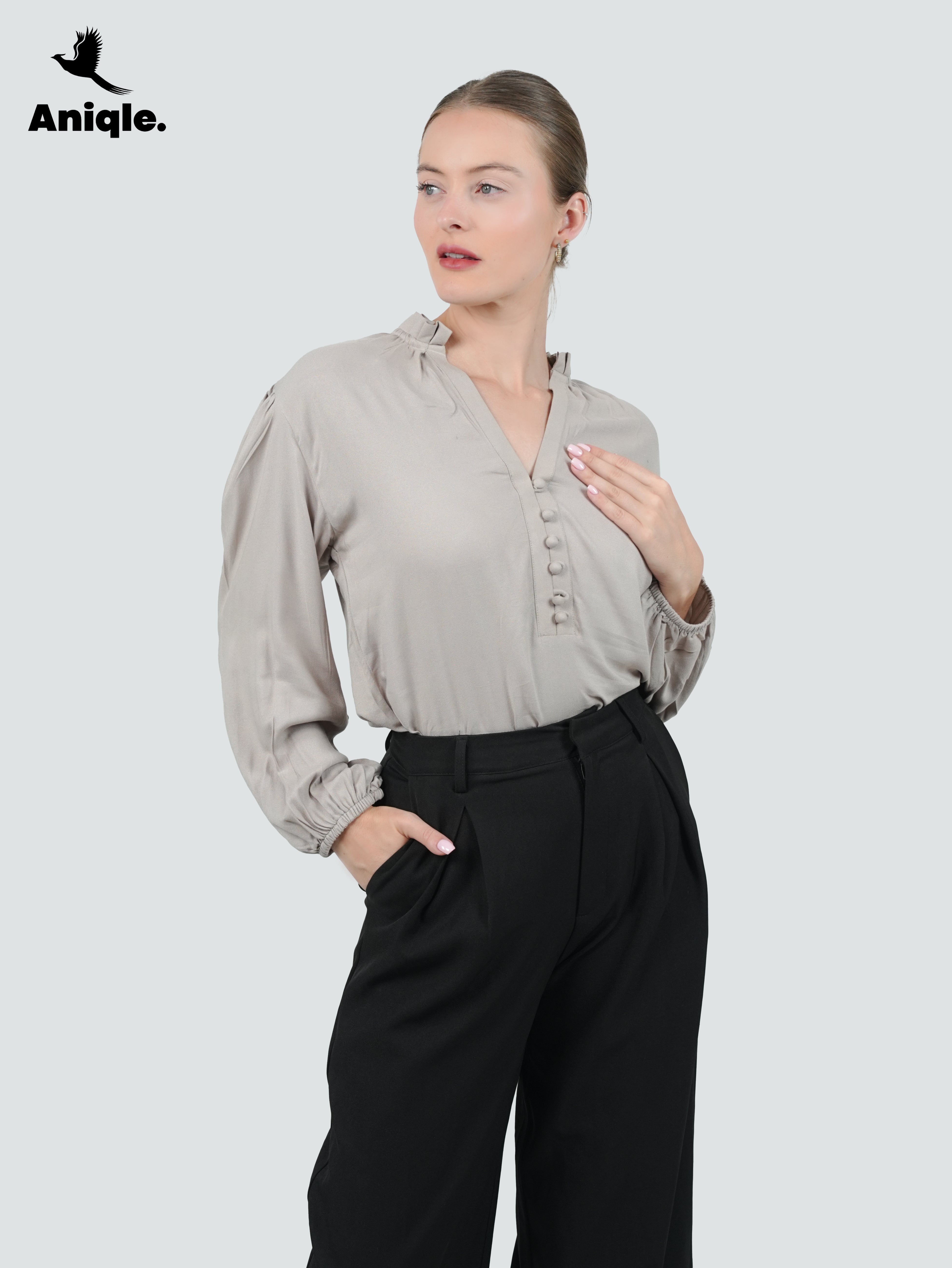 ANQ-10047-Taupe Ruffle-Collar Crepe Shirt