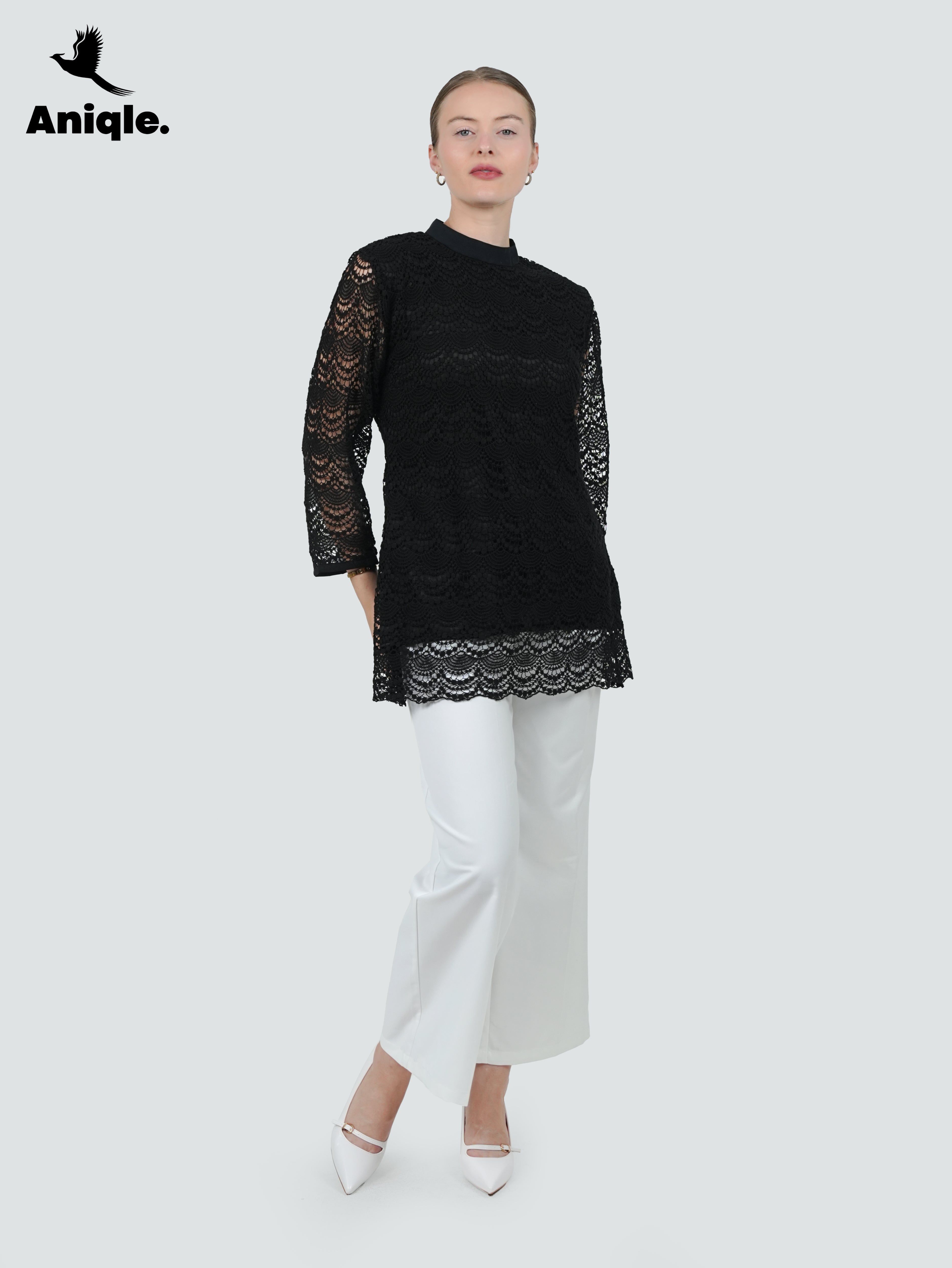 ANQ-10049-Noir Lace Overlay Tunic Blouse