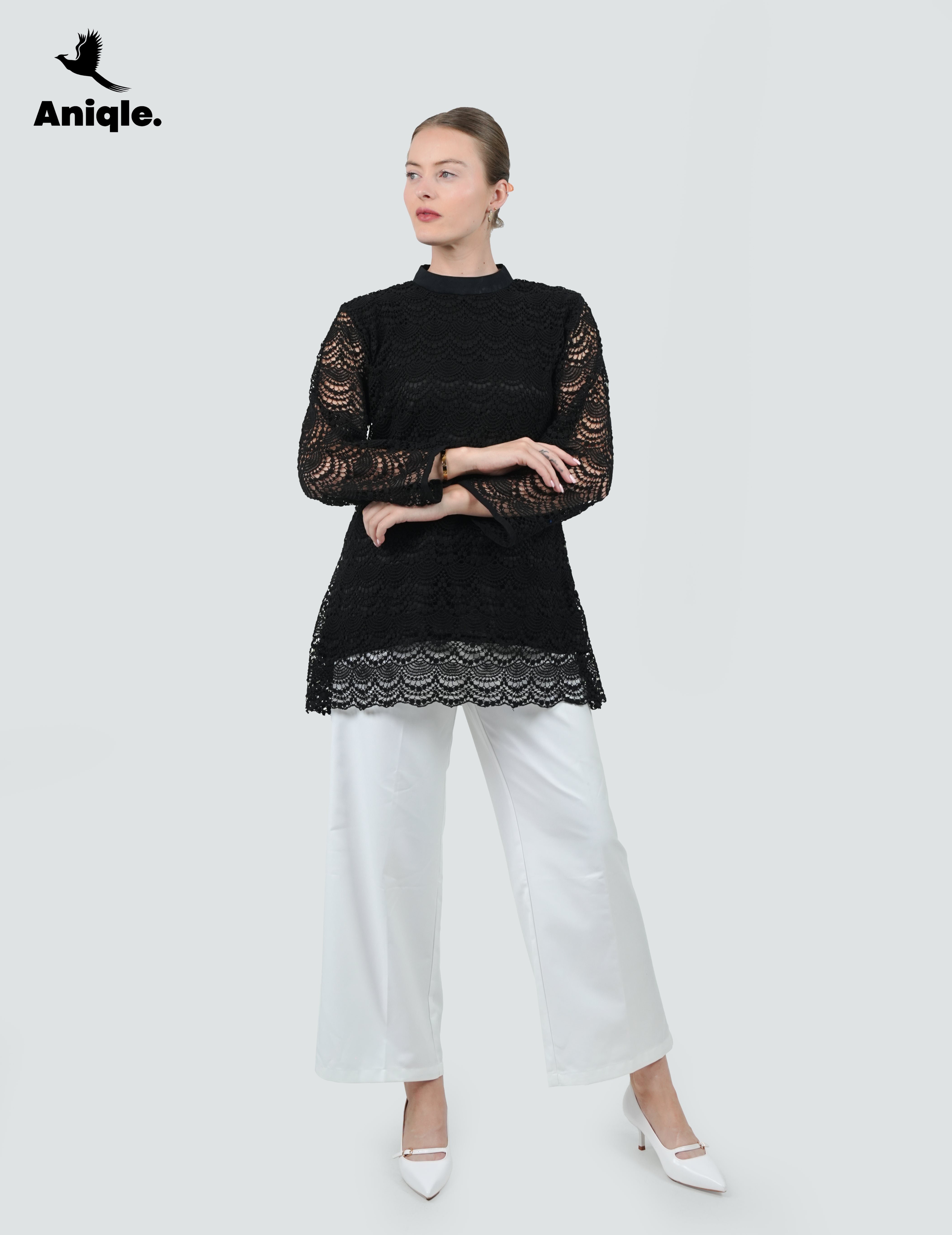 ANQ-10049-Noir Lace Overlay Tunic Blouse