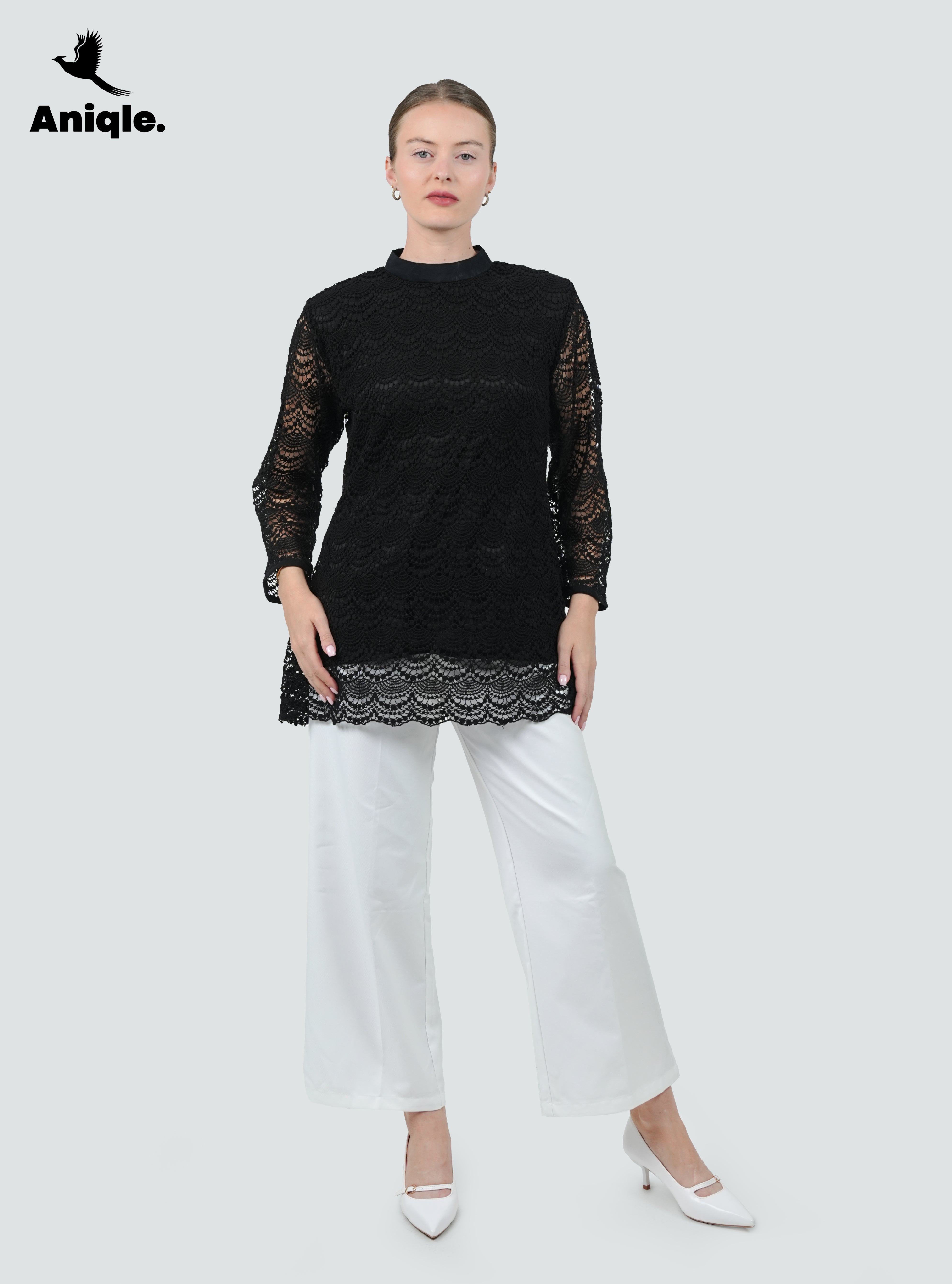 ANQ-10049-Noir Lace Overlay Tunic Blouse