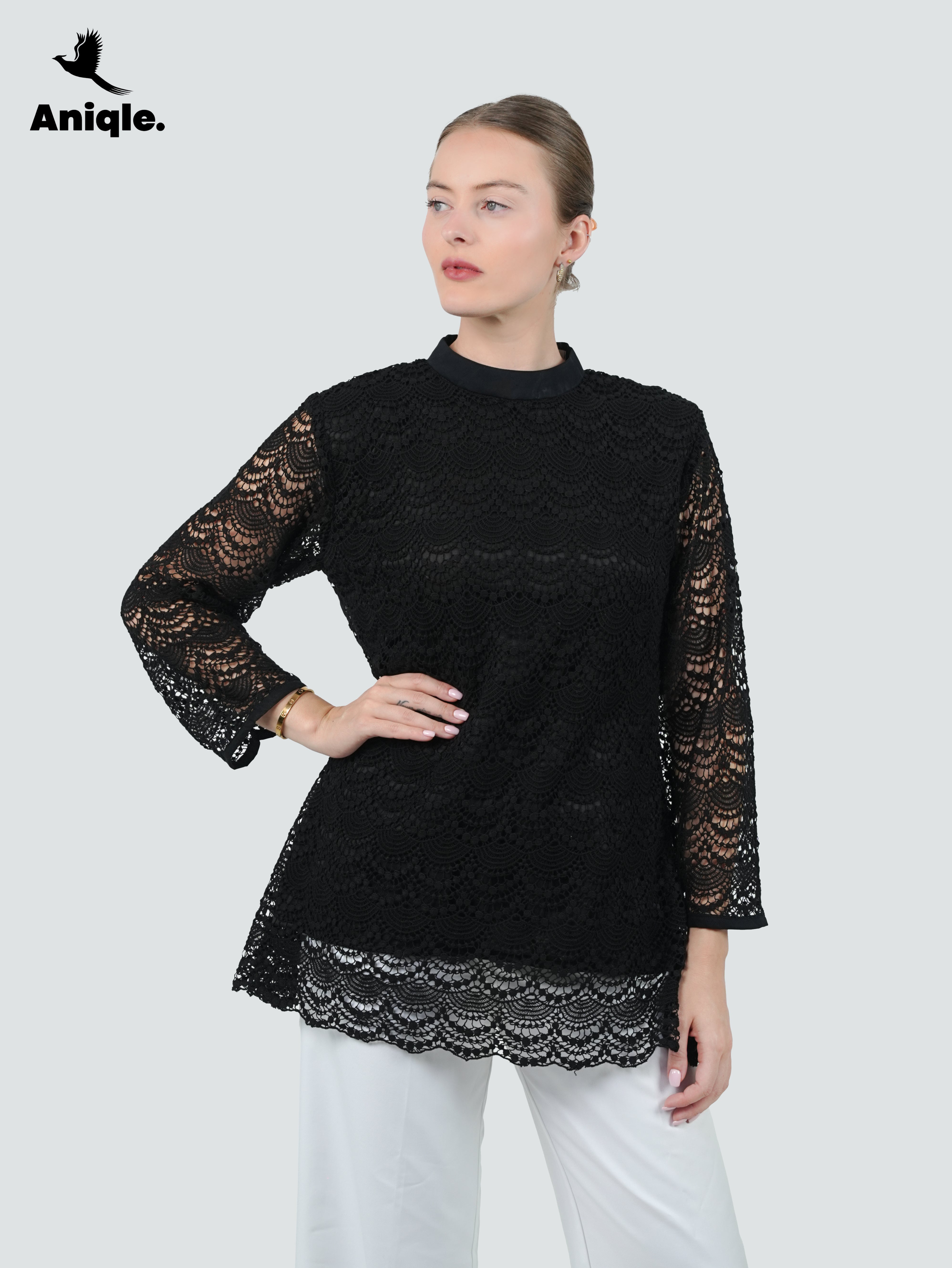 ANQ-10049-Noir Lace Overlay Tunic Blouse