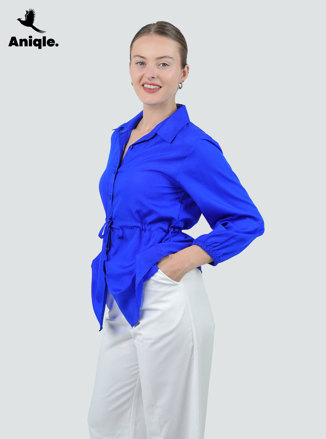 Cobalt Crepe Cinch Shirt