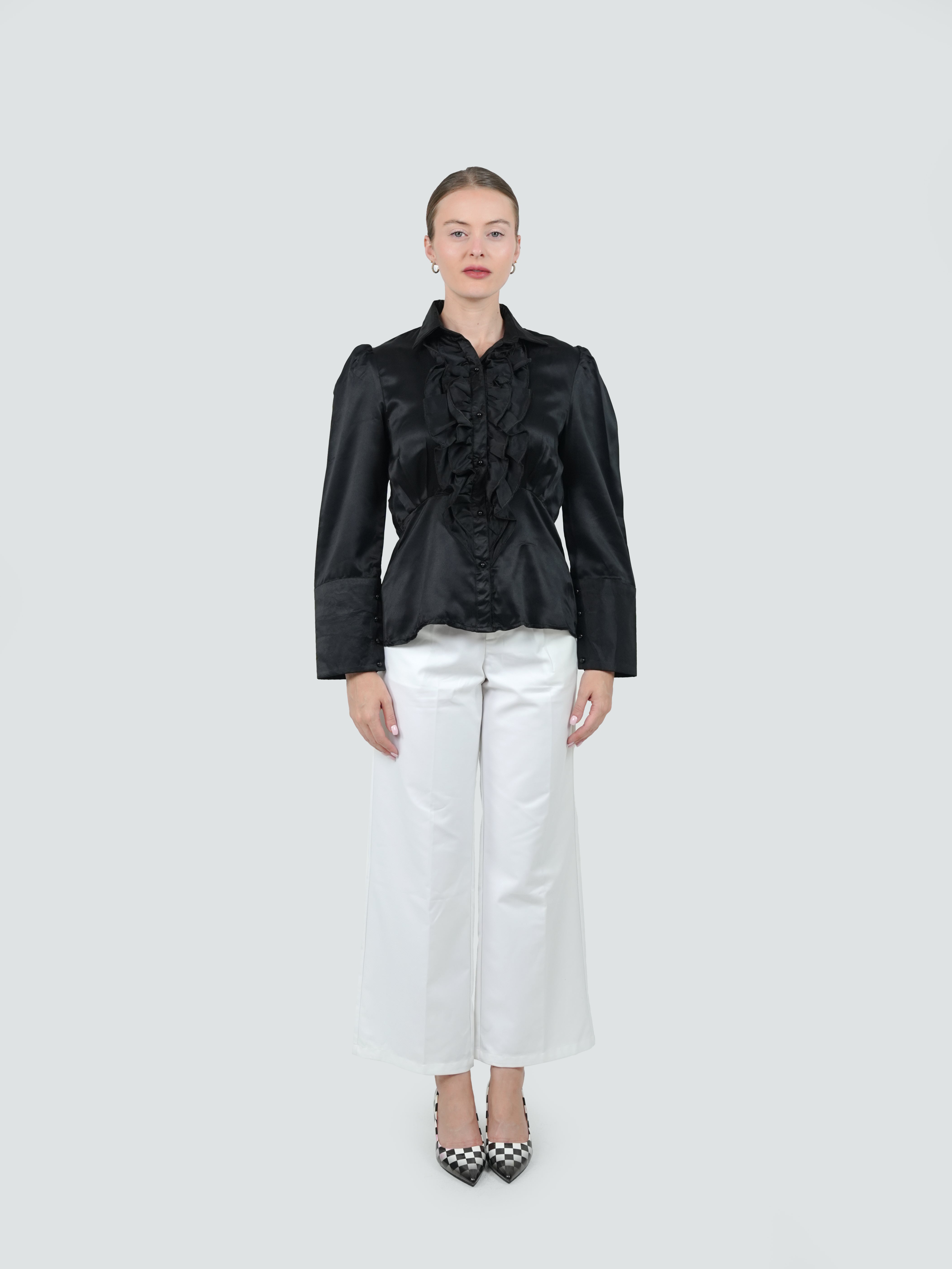 ANQ-10045-Noir Ruffle Front Satin Shirt
