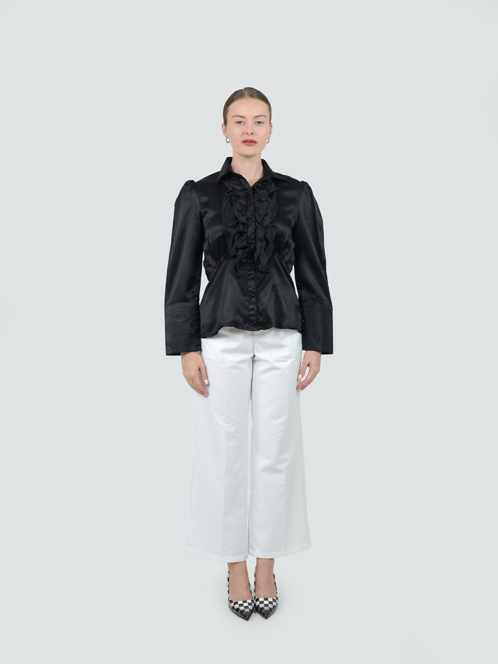 Noir Ruffle Front Satin Shirt