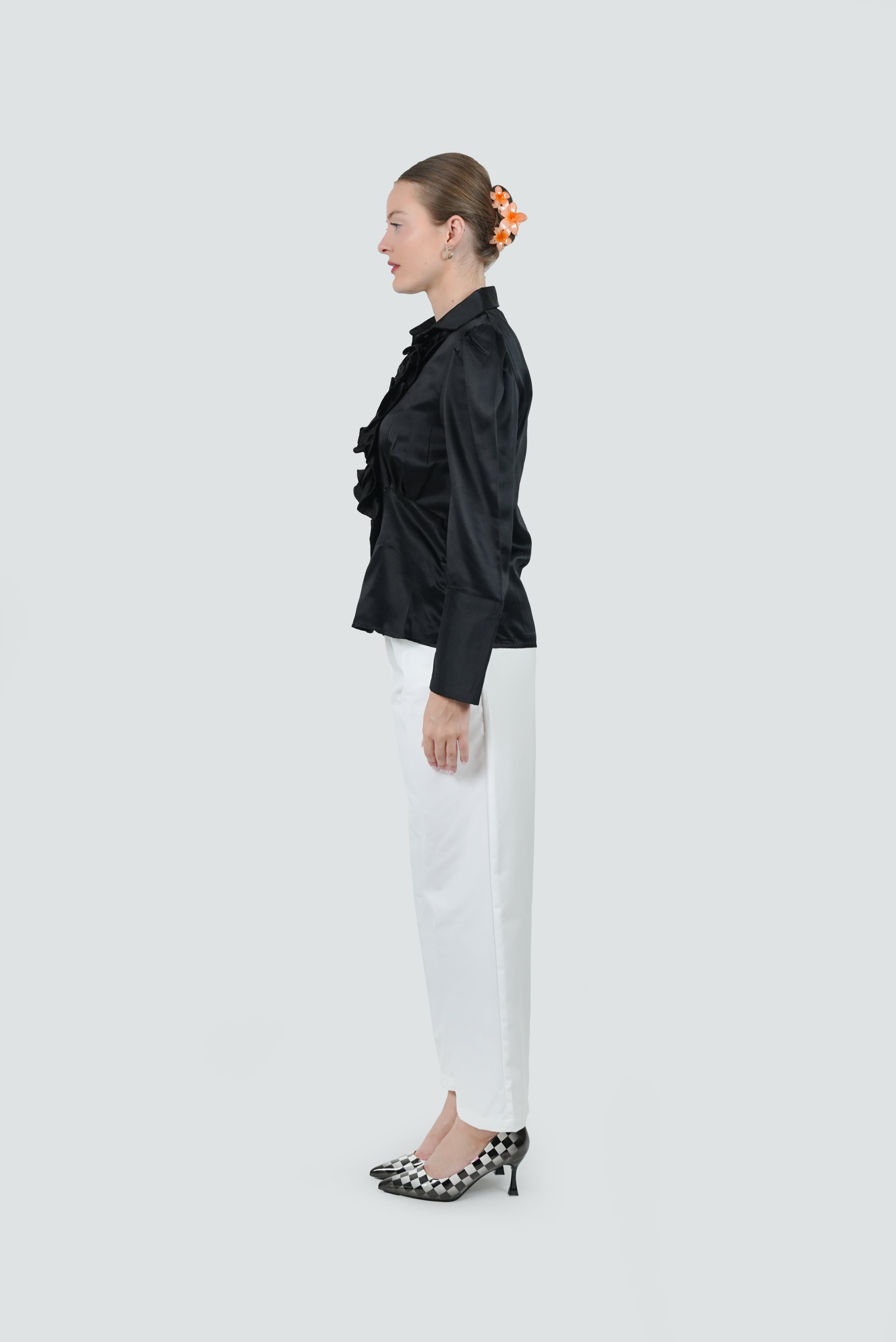 ANQ-10045-Noir Ruffle Front Satin Shirt