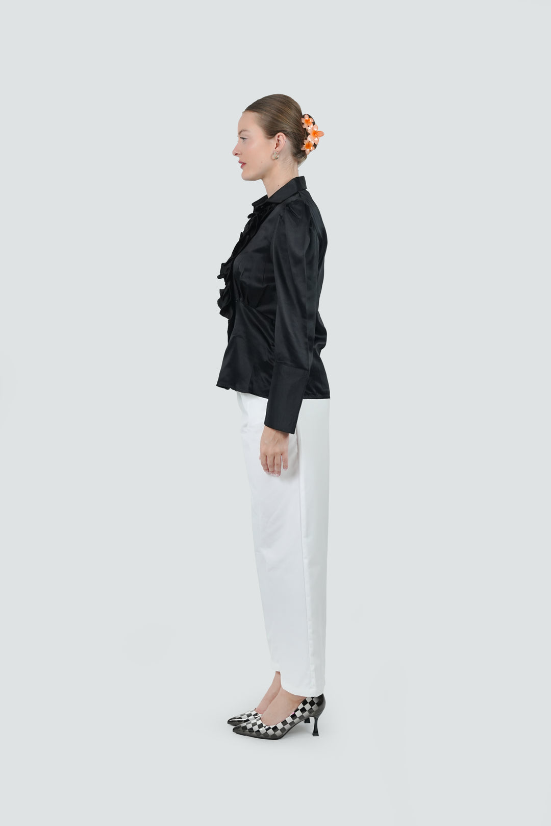 Noir Ruffle Front Satin Shirt