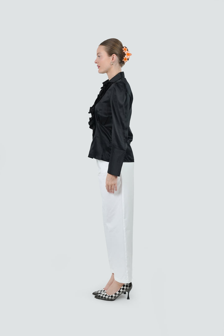 Noir Ruffle Front Satin Shirt
