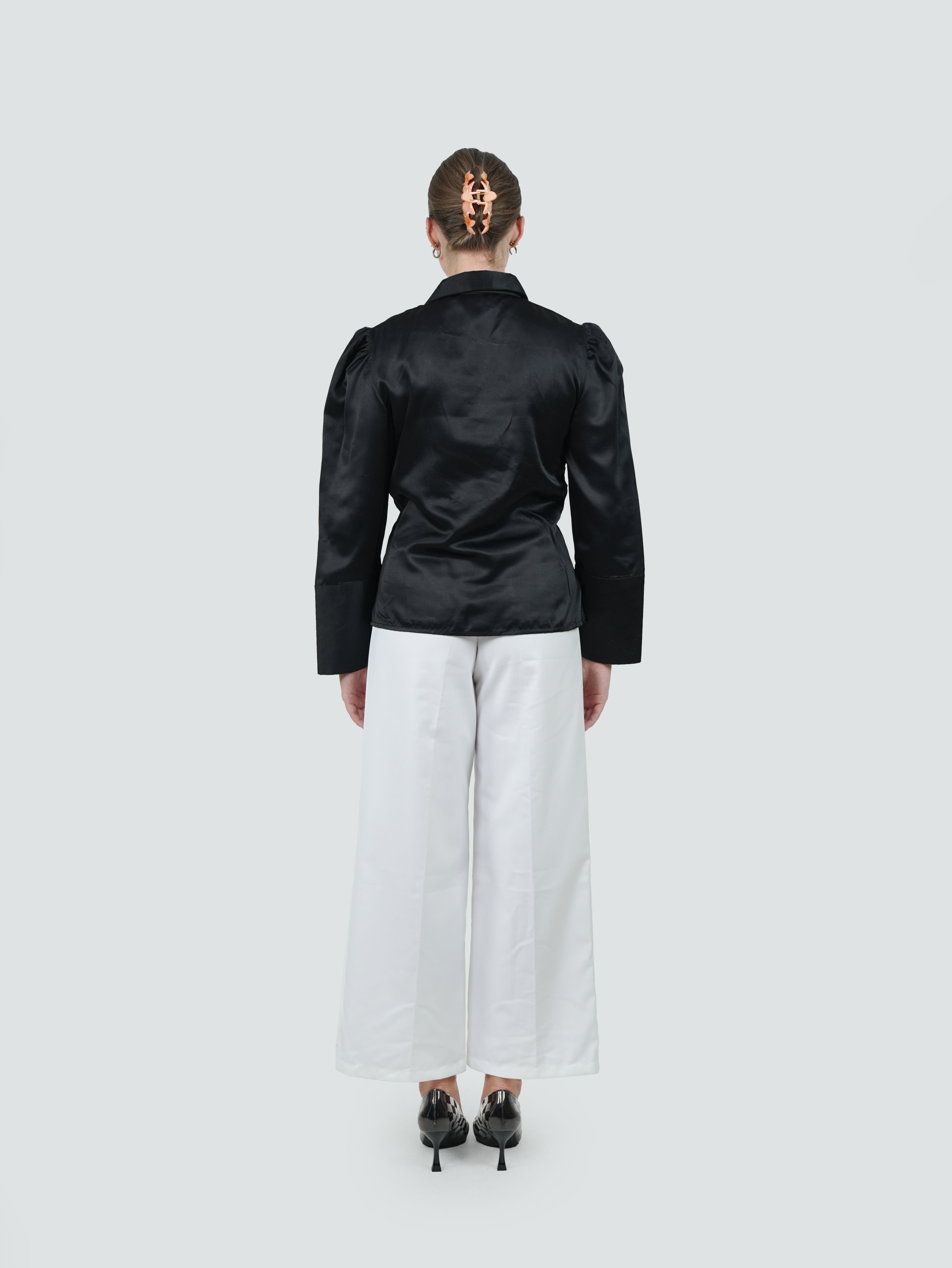 ANQ-10045-Noir Ruffle Front Satin Shirt