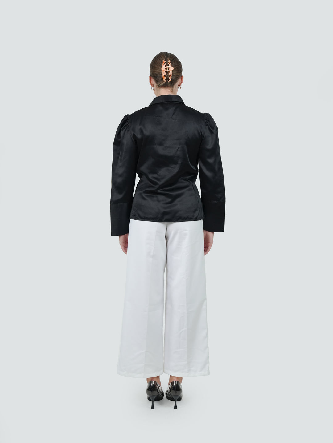 Noir Ruffle Front Satin Shirt