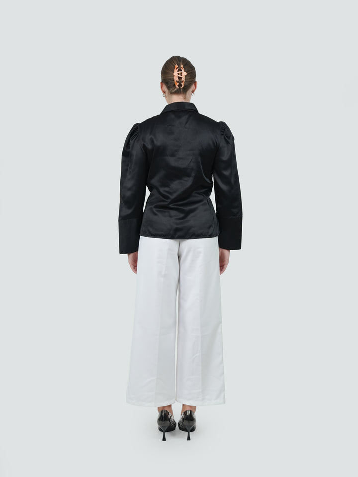 Noir Ruffle Front Satin Shirt
