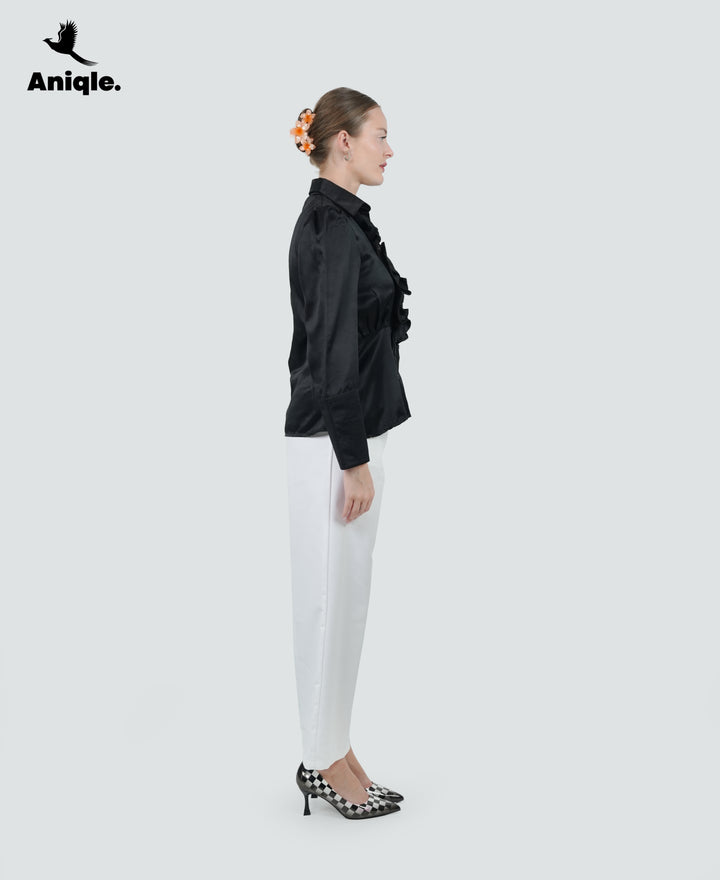 Noir Ruffle Front Satin Shirt