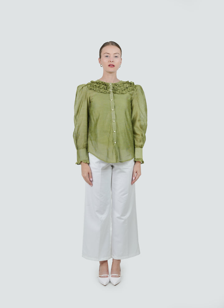 Olive Frill Cotton Net Shirt