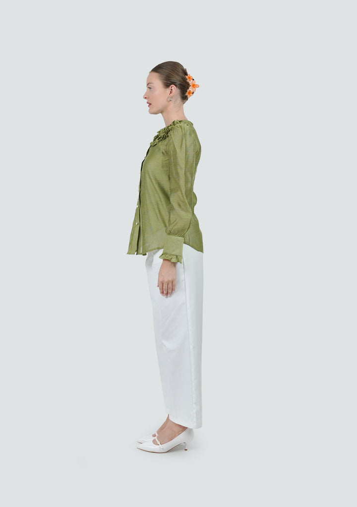 Olive Frill Cotton Net Shirt