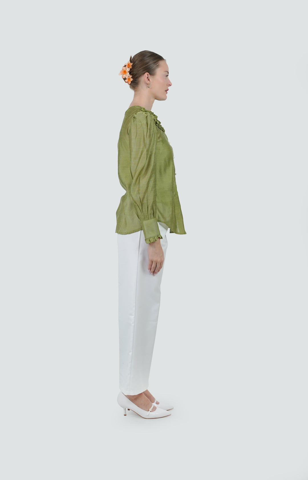Olive Frill Cotton Net Shirt