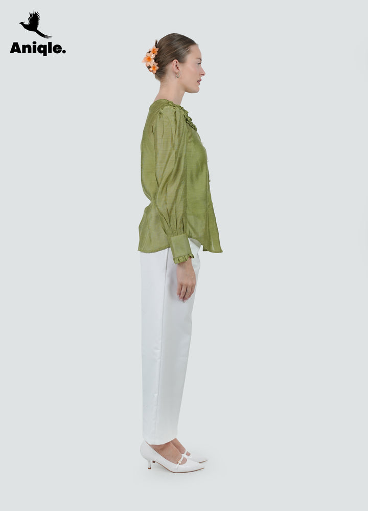 Olive Frill Cotton Net Shirt