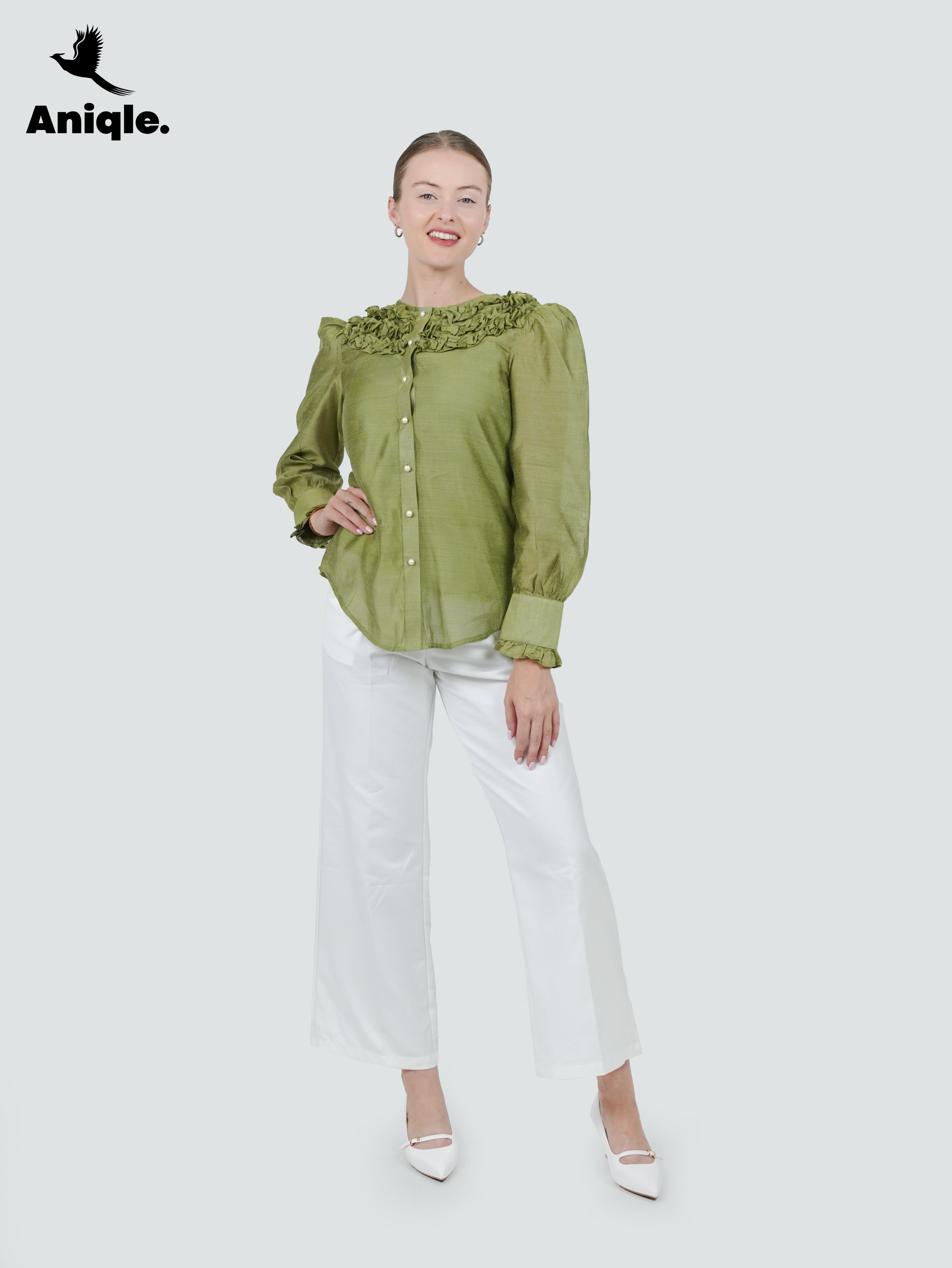 ANQ-10050-Olive Frill Cotton Net Shirt