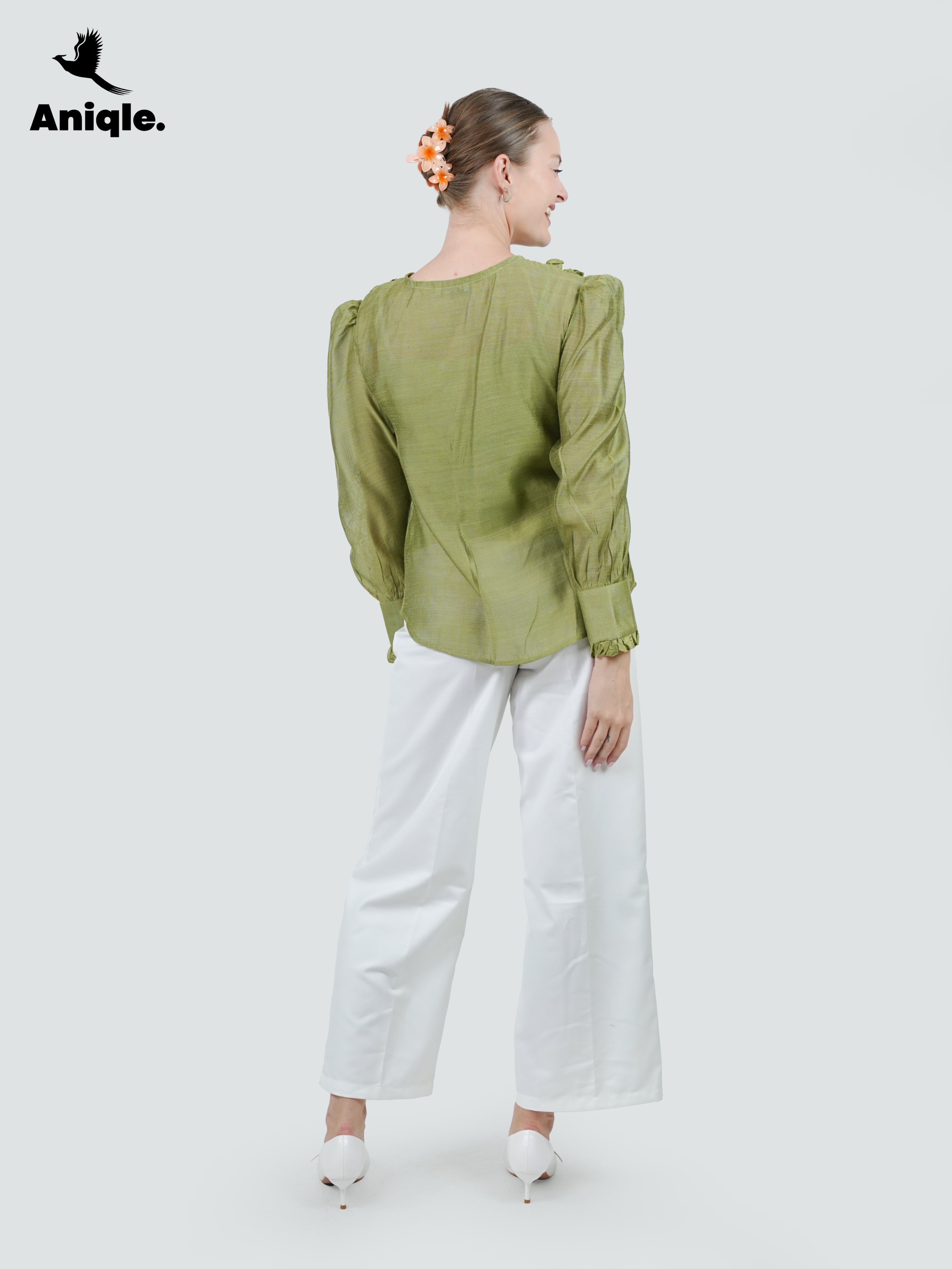 ANQ-10050-Olive Frill Cotton Net Shirt