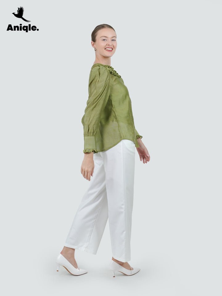 Olive Frill Cotton Net Shirt