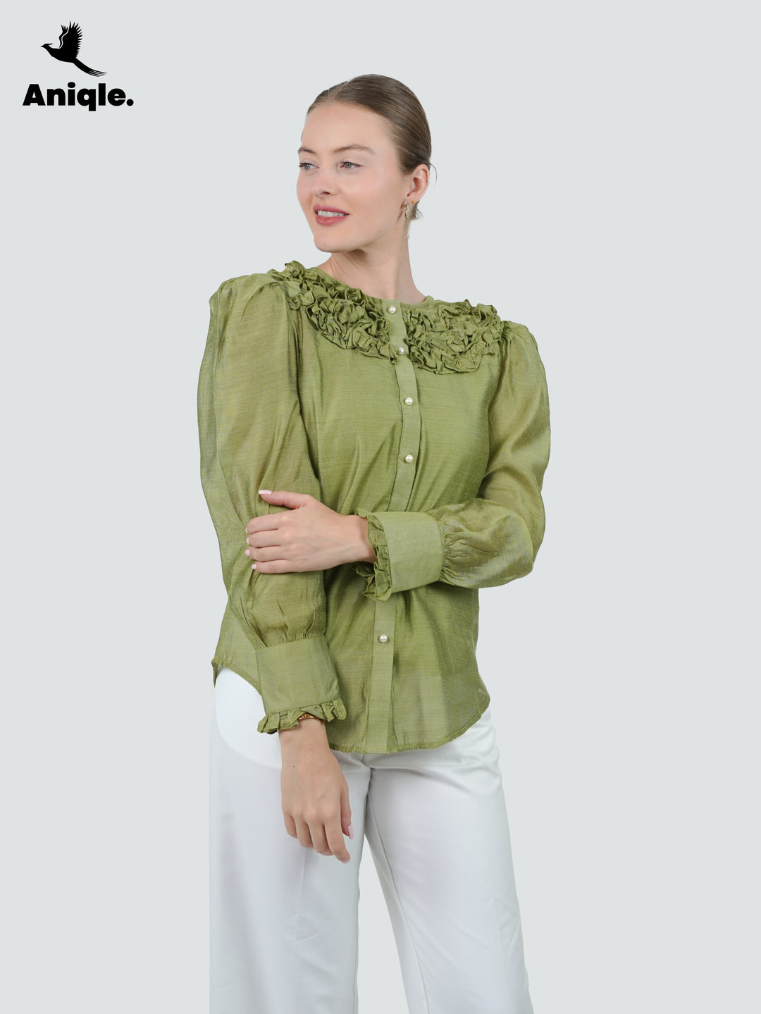 Olive Frill Cotton Net Shirt