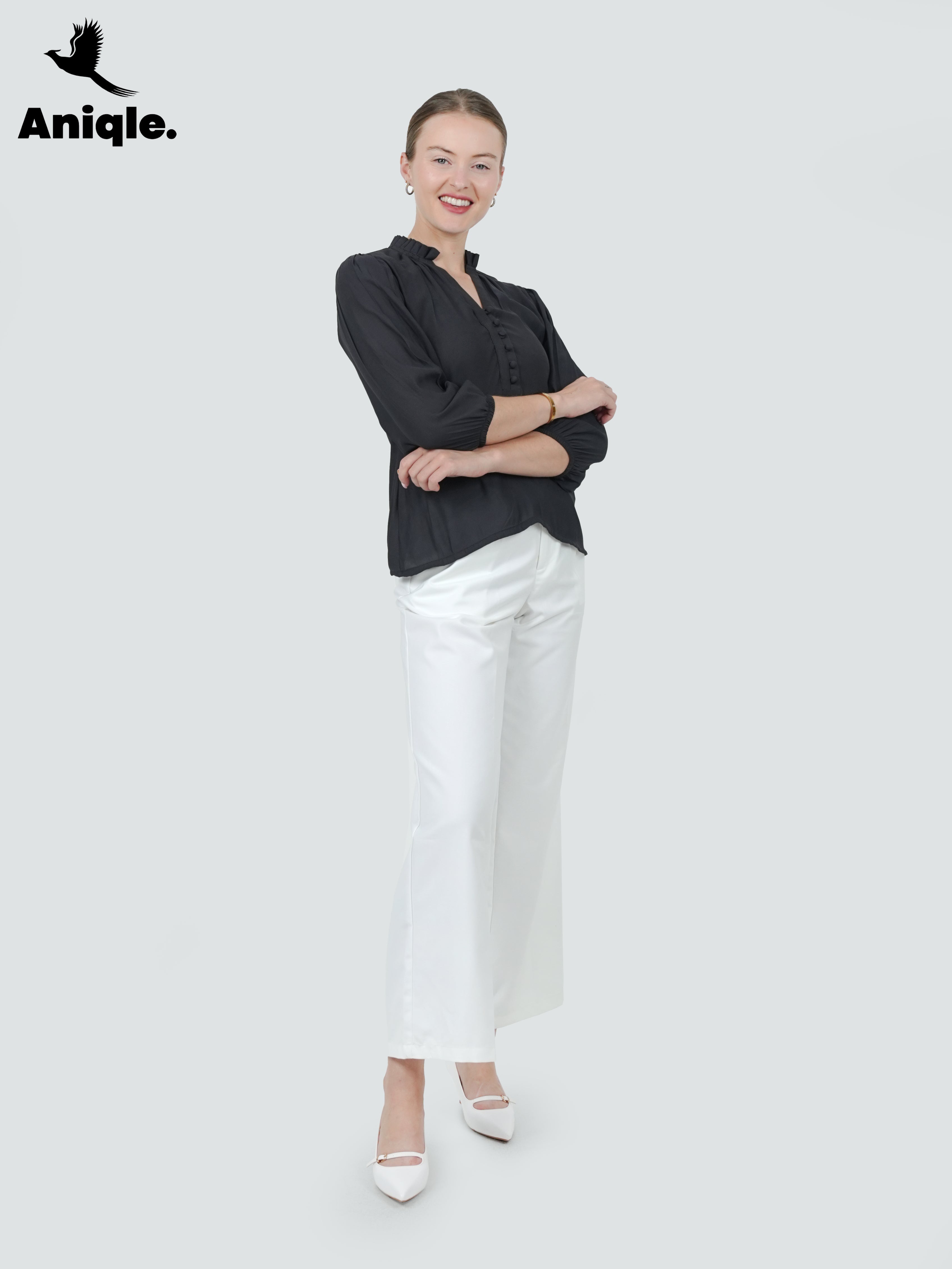 ANQ-10048-Ash Ruffle-Collar Crepe Shirt