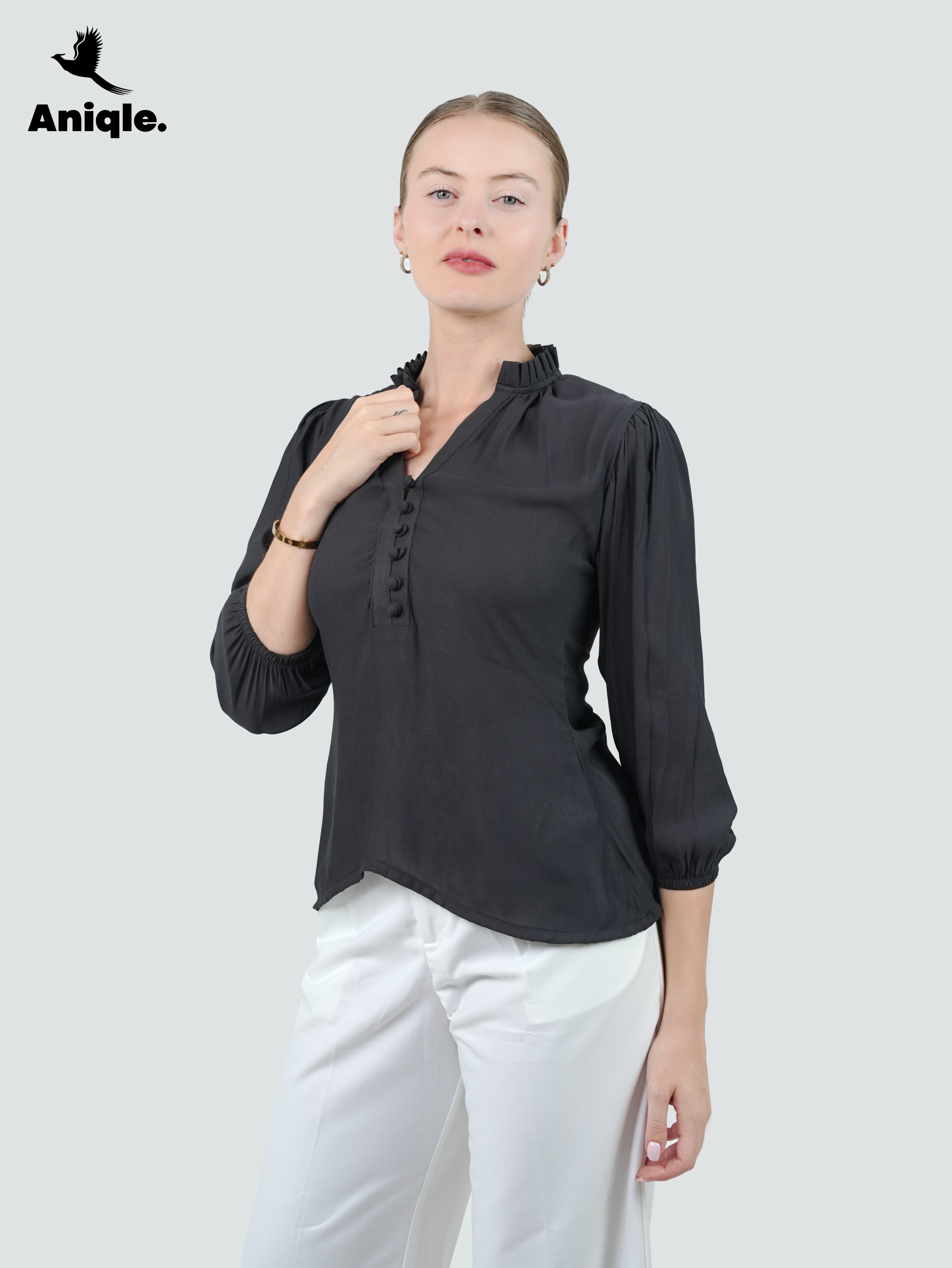 ANQ-10048-Ash Ruffle-Collar Crepe Shirt