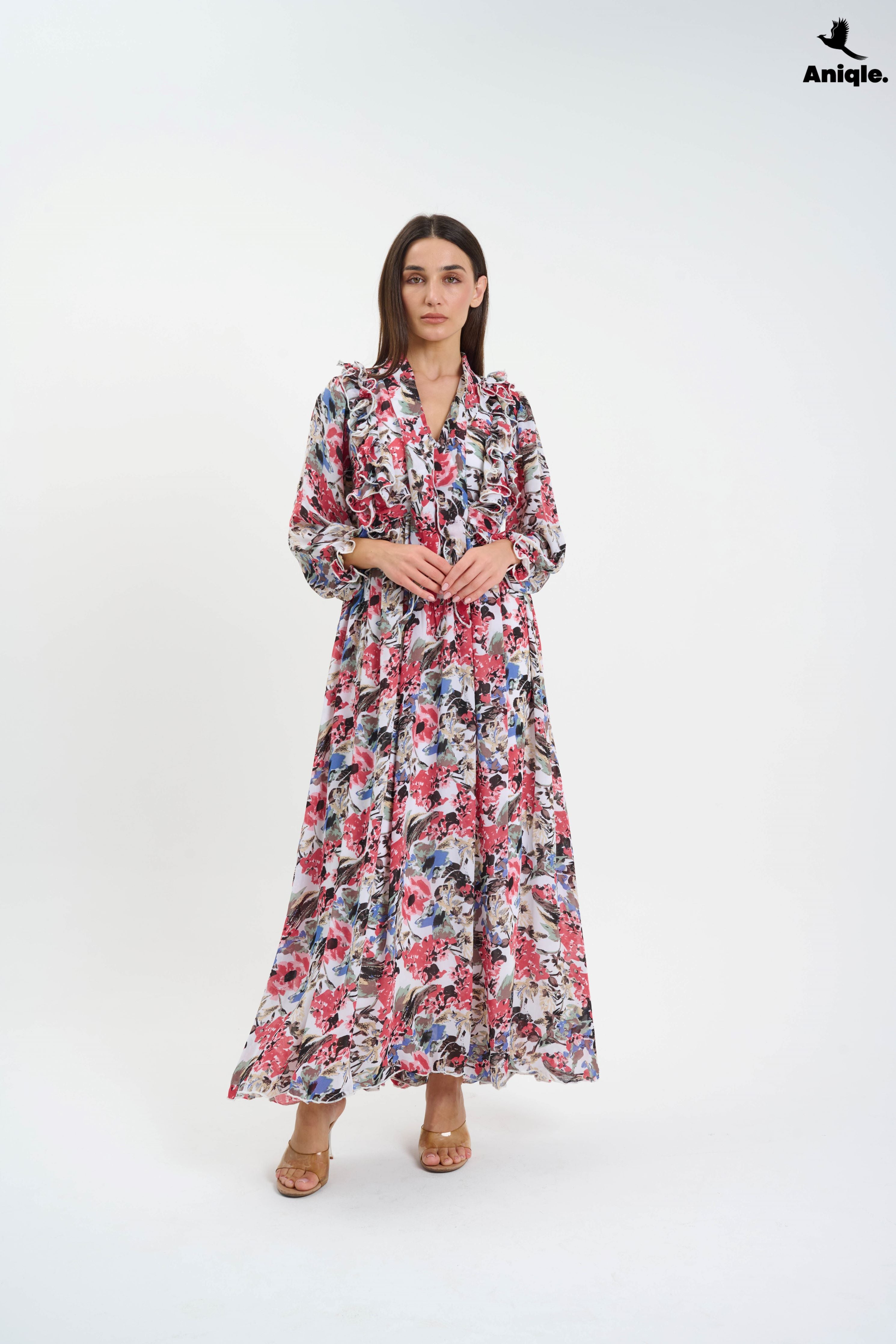ANQ-10007  Floral ruffle Printed Chiffon Maxi