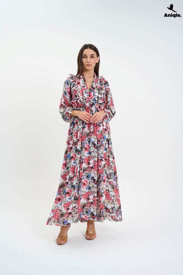 Floral ruffle Printed Chiffon Maxi