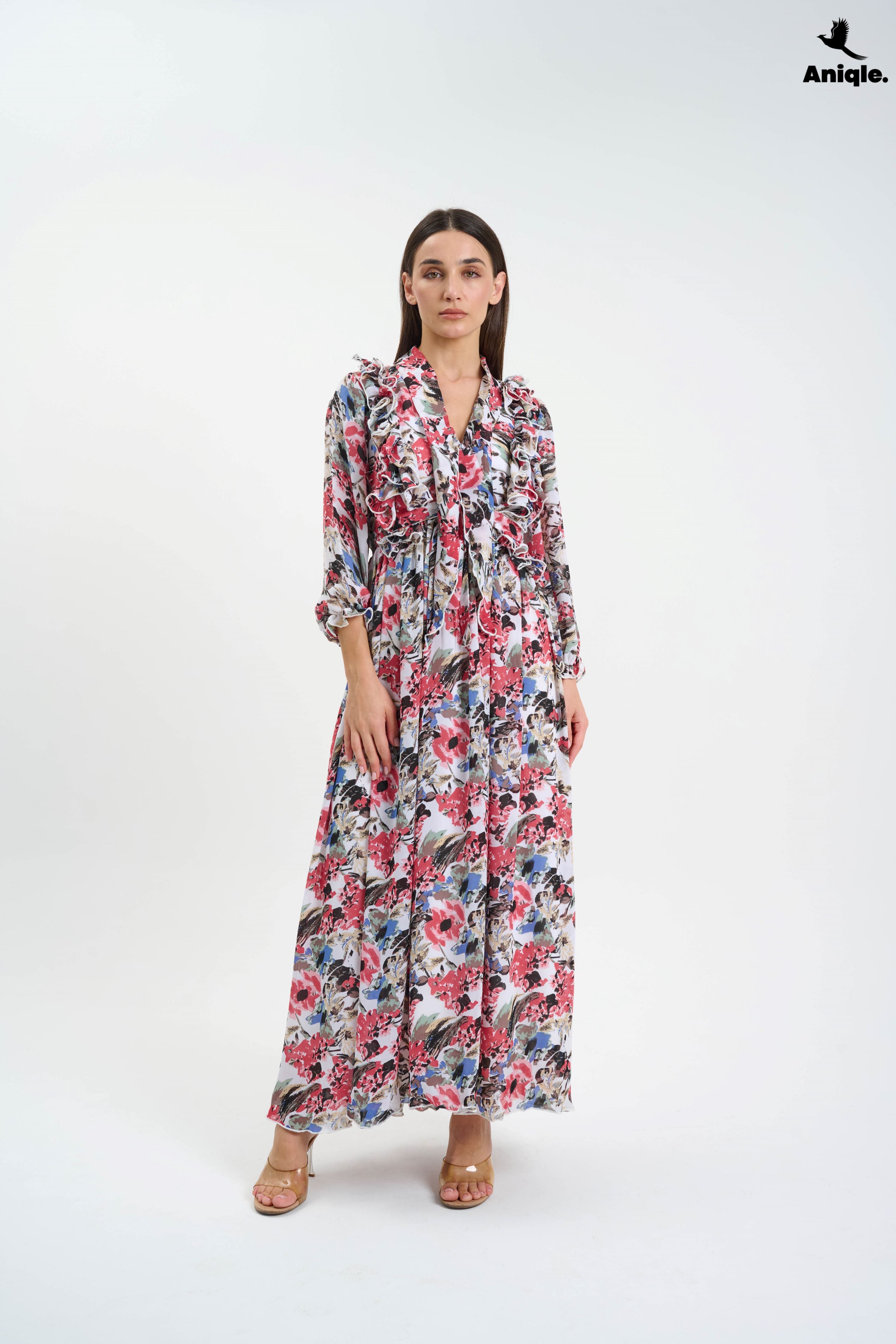 ANQ-10007  Floral ruffle Printed Chiffon Maxi