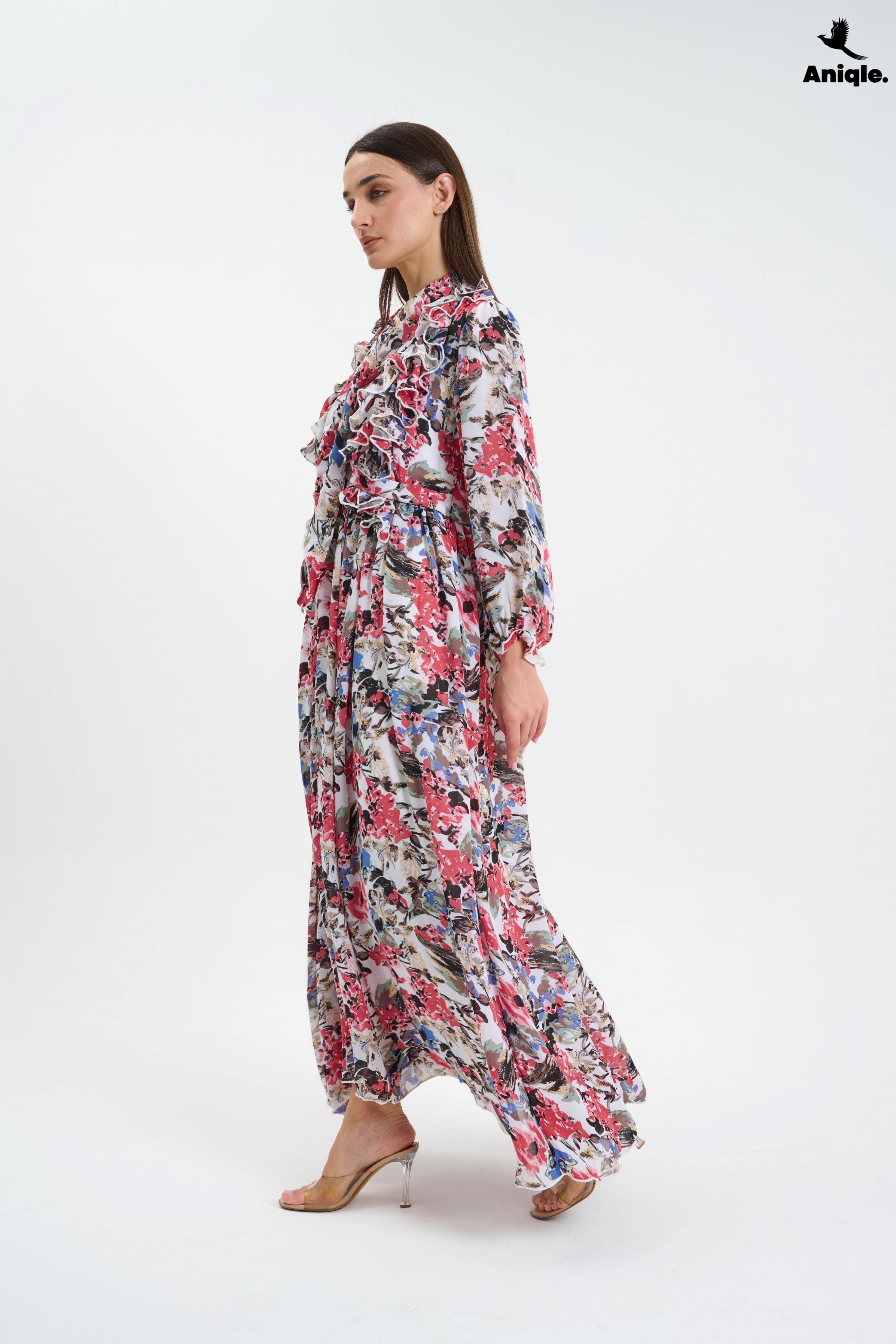 ANQ-10007  Floral ruffle Printed Chiffon Maxi